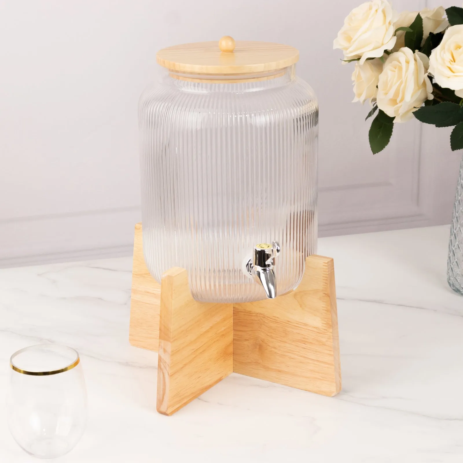 1 Gallon Clear Ribbed Glass Drink Dispenser with Wooden Stand and Lid, Countertop Round Juice Jar Beverage Dispenser with Stainless Steel Spigot - 14"