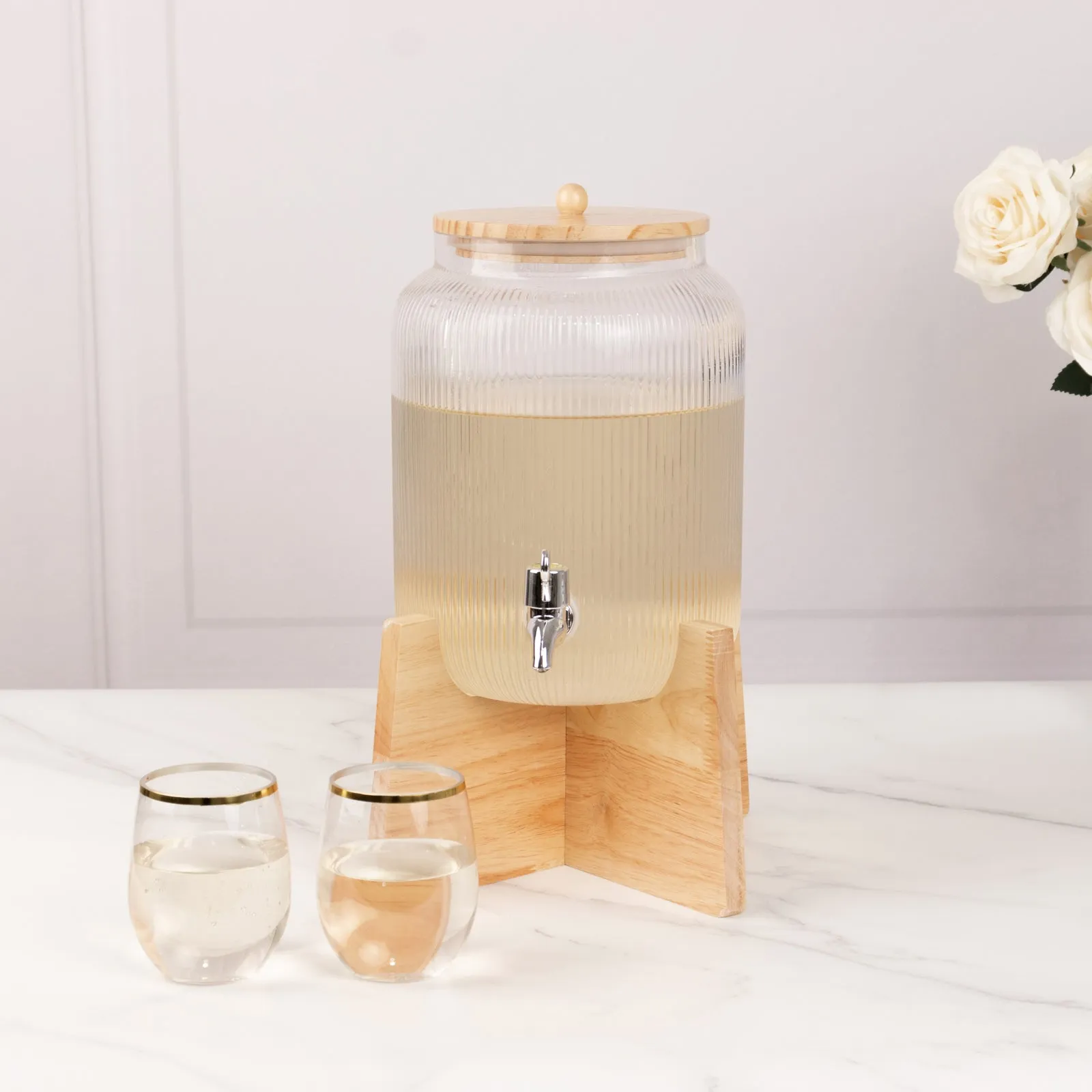 1 Gallon Clear Ribbed Glass Drink Dispenser with Wooden Stand and Lid, Countertop Round Juice Jar Beverage Dispenser with Stainless Steel Spigot - 14"