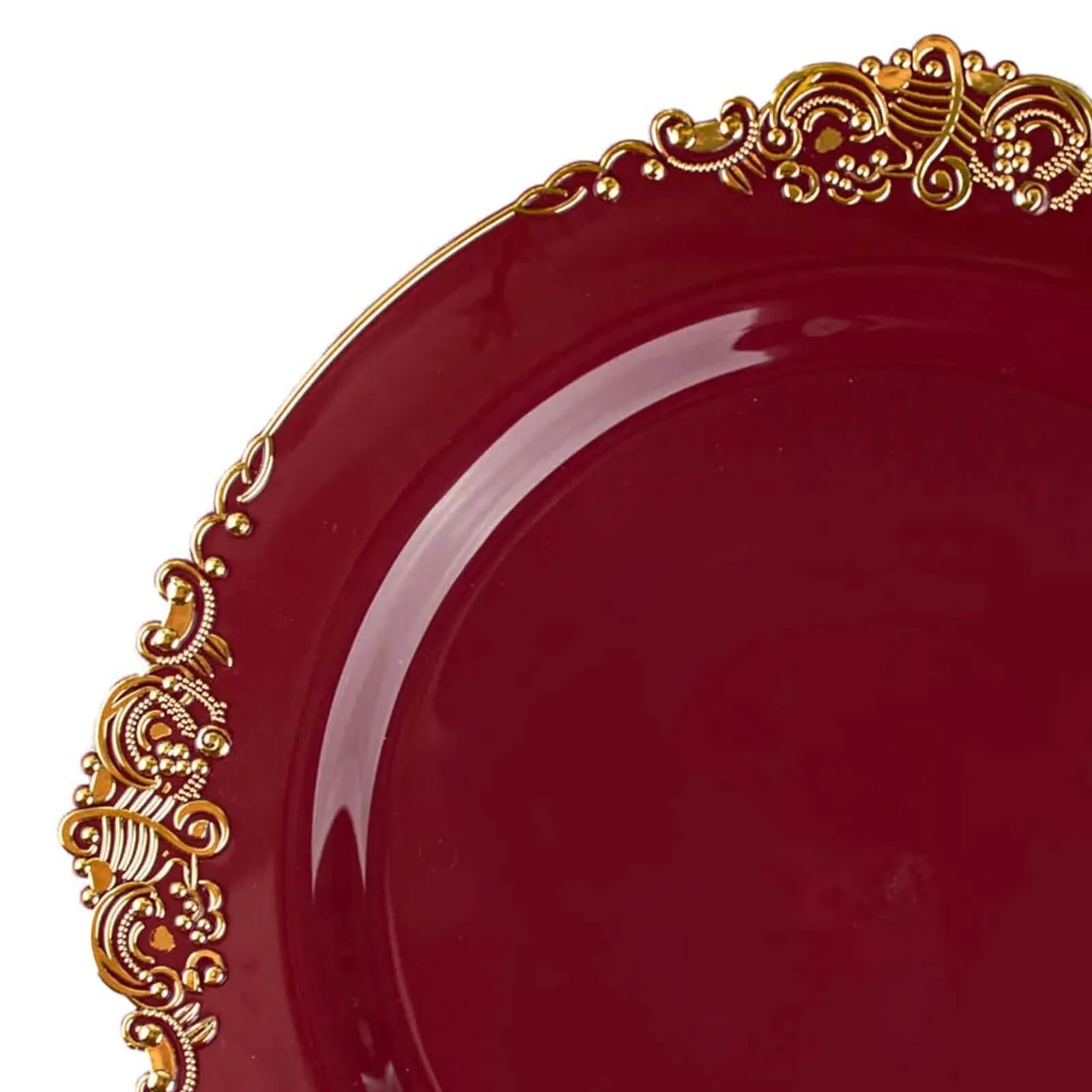 10 Pack 10" Burgundy Plastic Party Plates With Gold Leaf Embossed Baroque Rim, Round Disposable Dinner Plates