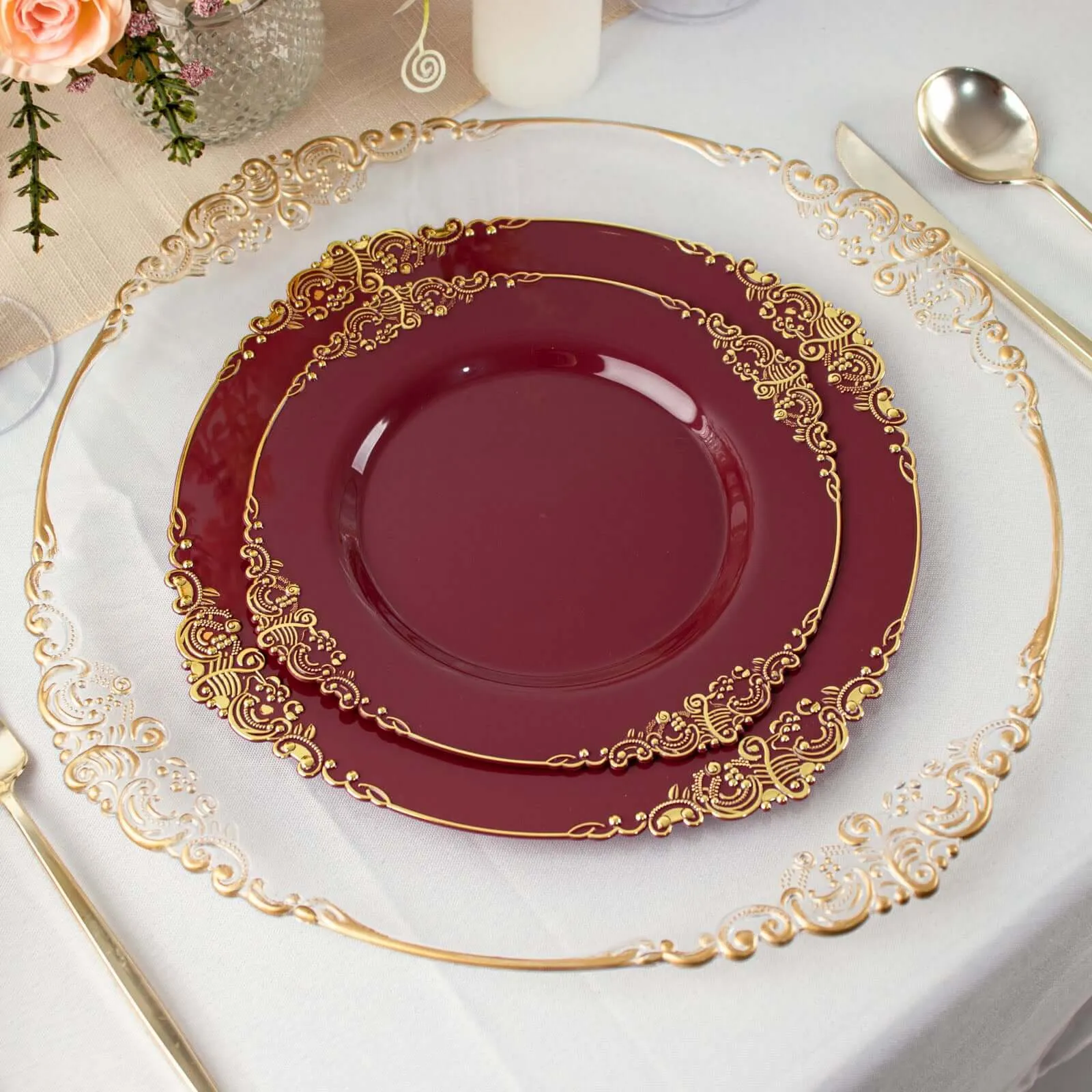 10 Pack 10" Burgundy Plastic Party Plates With Gold Leaf Embossed Baroque Rim, Round Disposable Dinner Plates