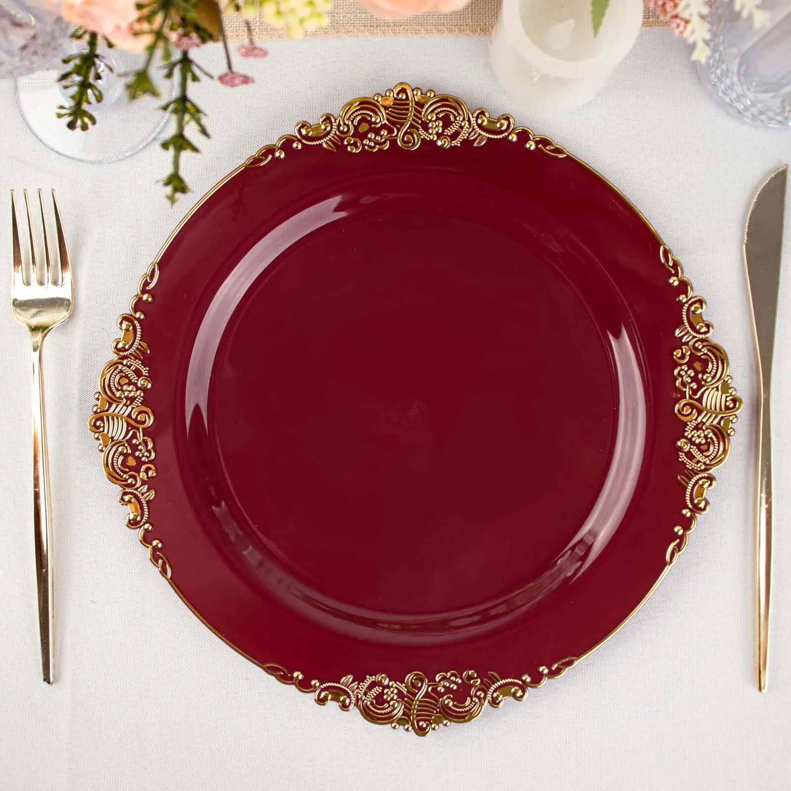 10 Pack 10" Burgundy Plastic Party Plates With Gold Leaf Embossed Baroque Rim, Round Disposable Dinner Plates