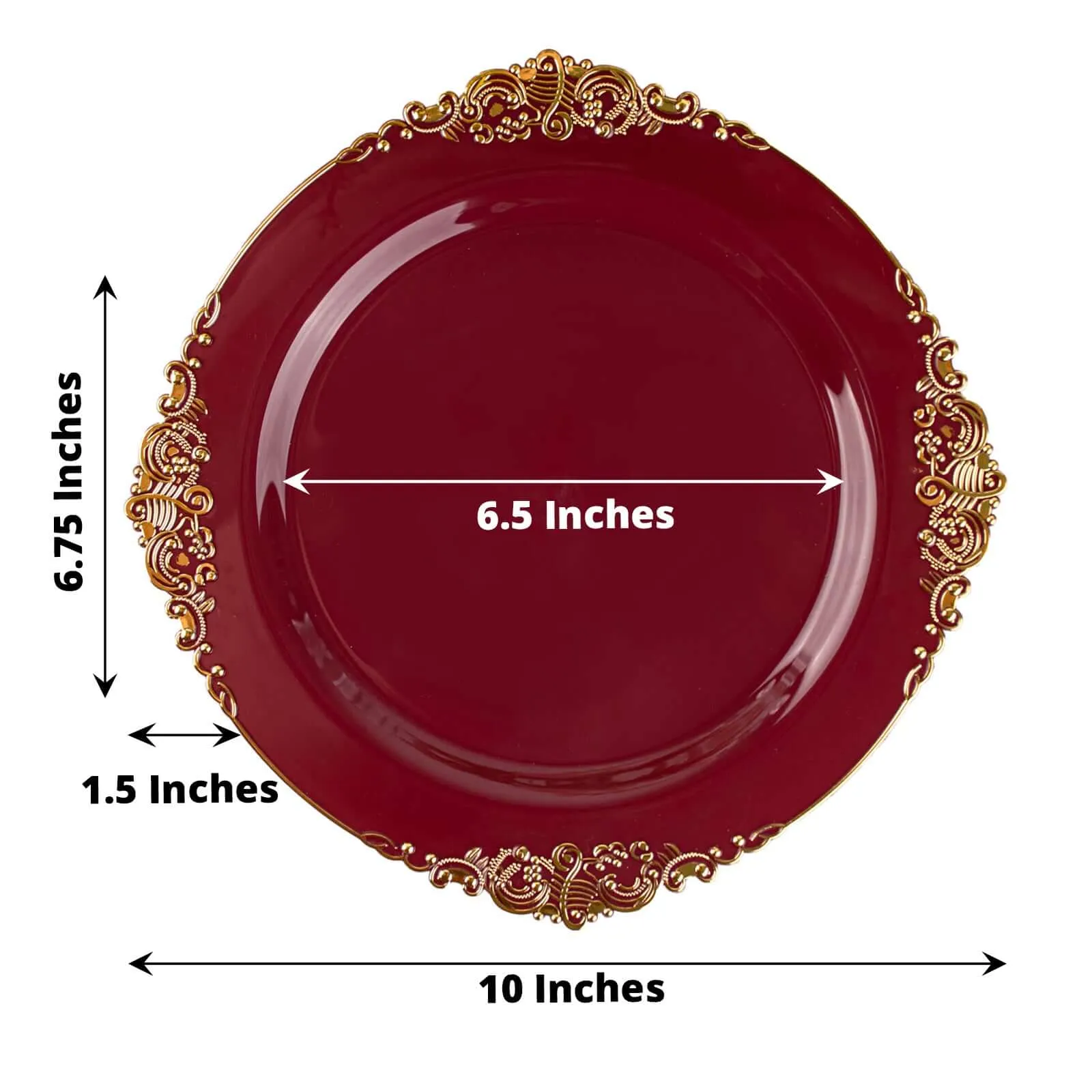 10 Pack 10" Burgundy Plastic Party Plates With Gold Leaf Embossed Baroque Rim, Round Disposable Dinner Plates