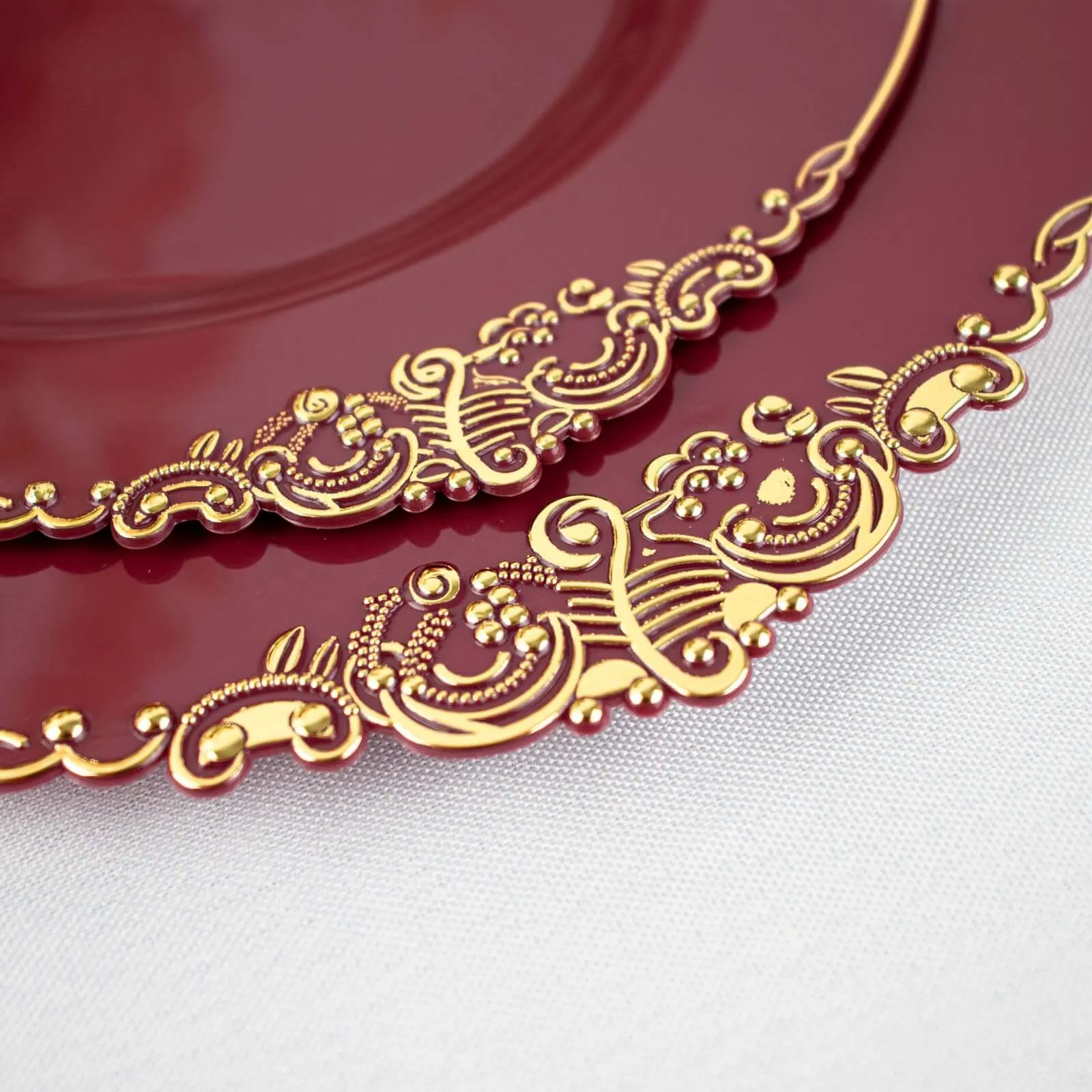 10 Pack 10" Burgundy Plastic Party Plates With Gold Leaf Embossed Baroque Rim, Round Disposable Dinner Plates