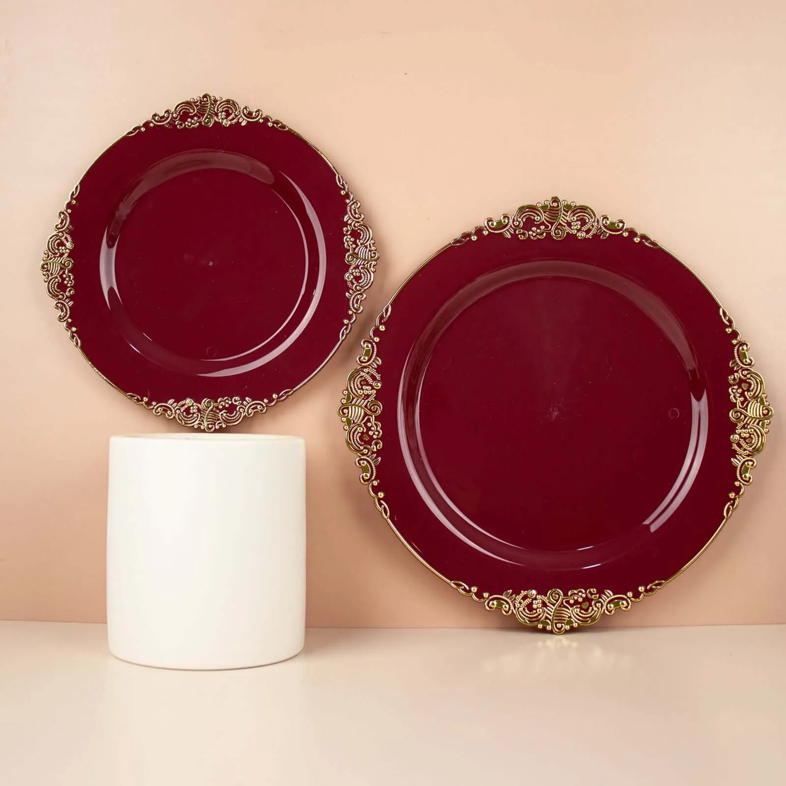 10 Pack 10" Burgundy Plastic Party Plates With Gold Leaf Embossed Baroque Rim, Round Disposable Dinner Plates