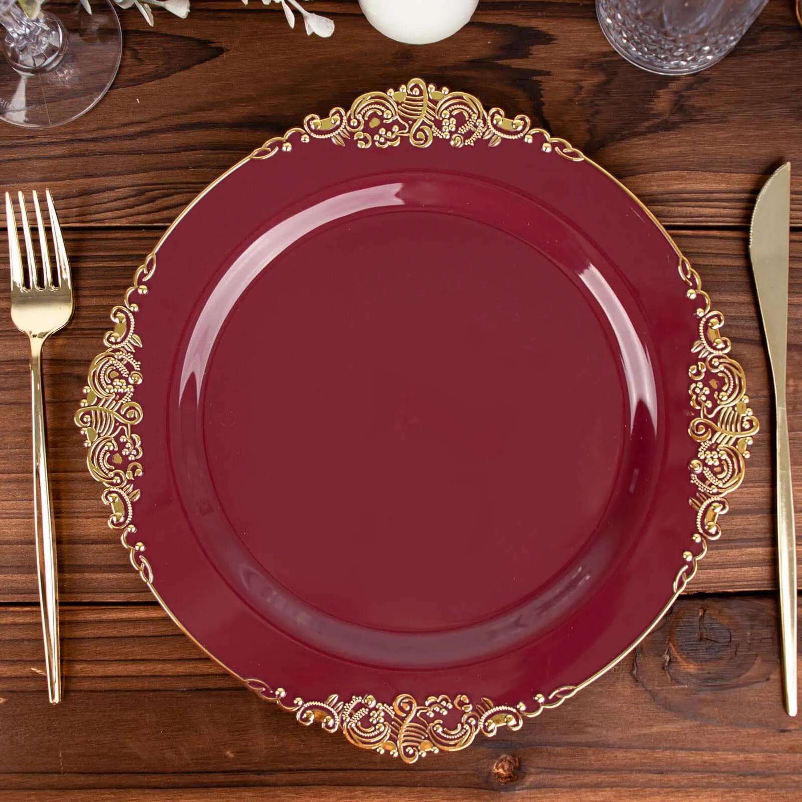 10 Pack 10" Burgundy Plastic Party Plates With Gold Leaf Embossed Baroque Rim, Round Disposable Dinner Plates