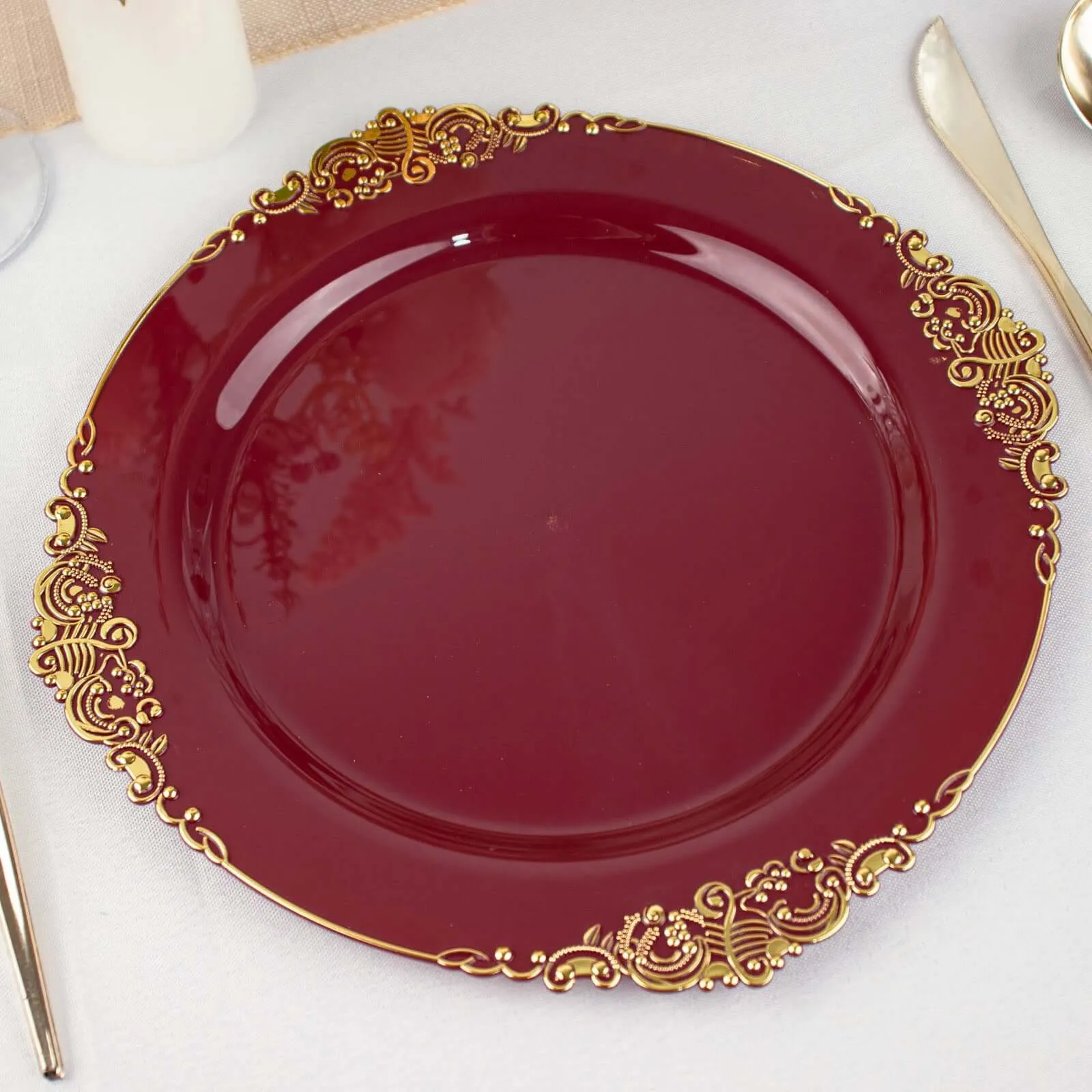 10 Pack 10" Burgundy Plastic Party Plates With Gold Leaf Embossed Baroque Rim, Round Disposable Dinner Plates