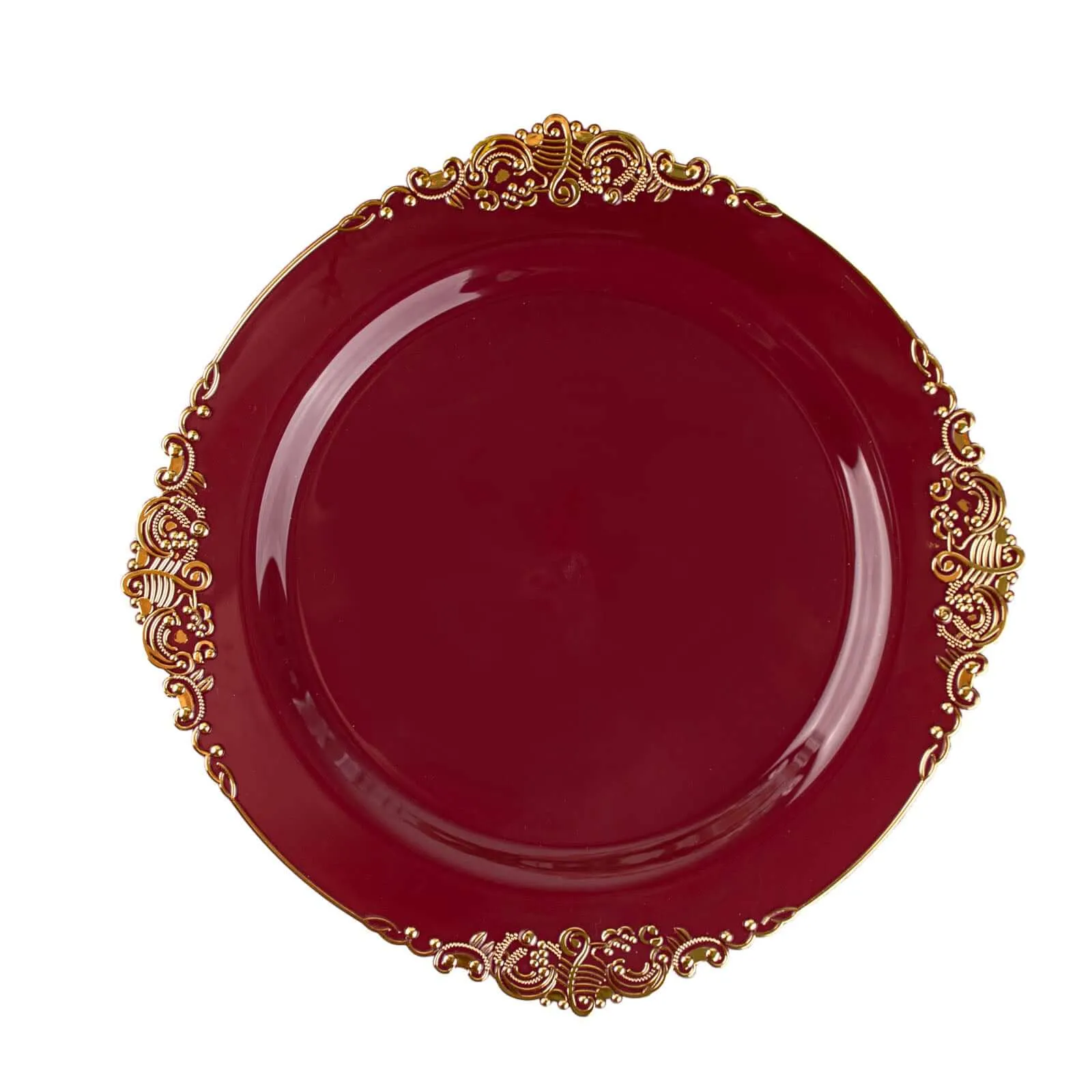 10 Pack 10" Burgundy Plastic Party Plates With Gold Leaf Embossed Baroque Rim, Round Disposable Dinner Plates