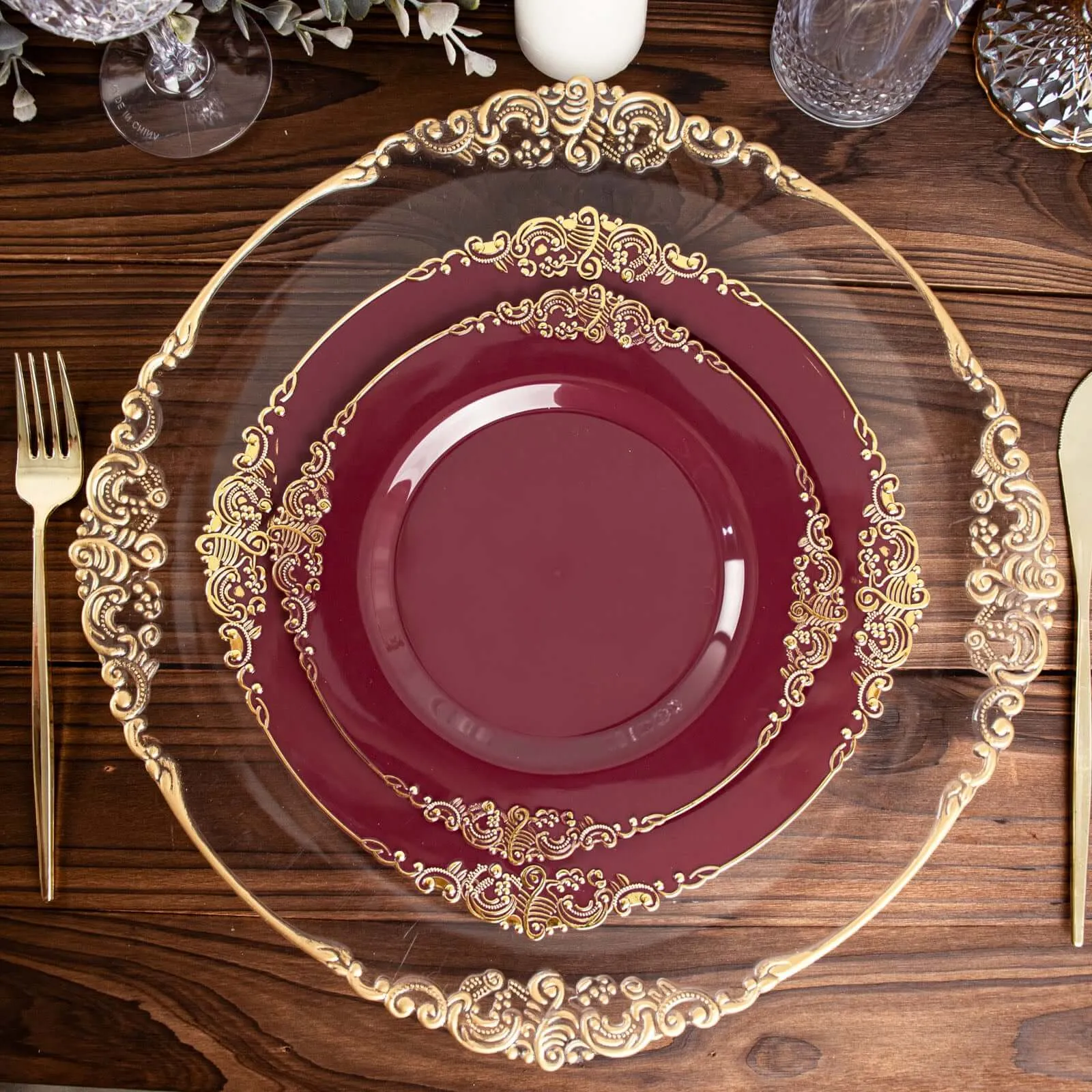 10 Pack 10" Burgundy Plastic Party Plates With Gold Leaf Embossed Baroque Rim, Round Disposable Dinner Plates