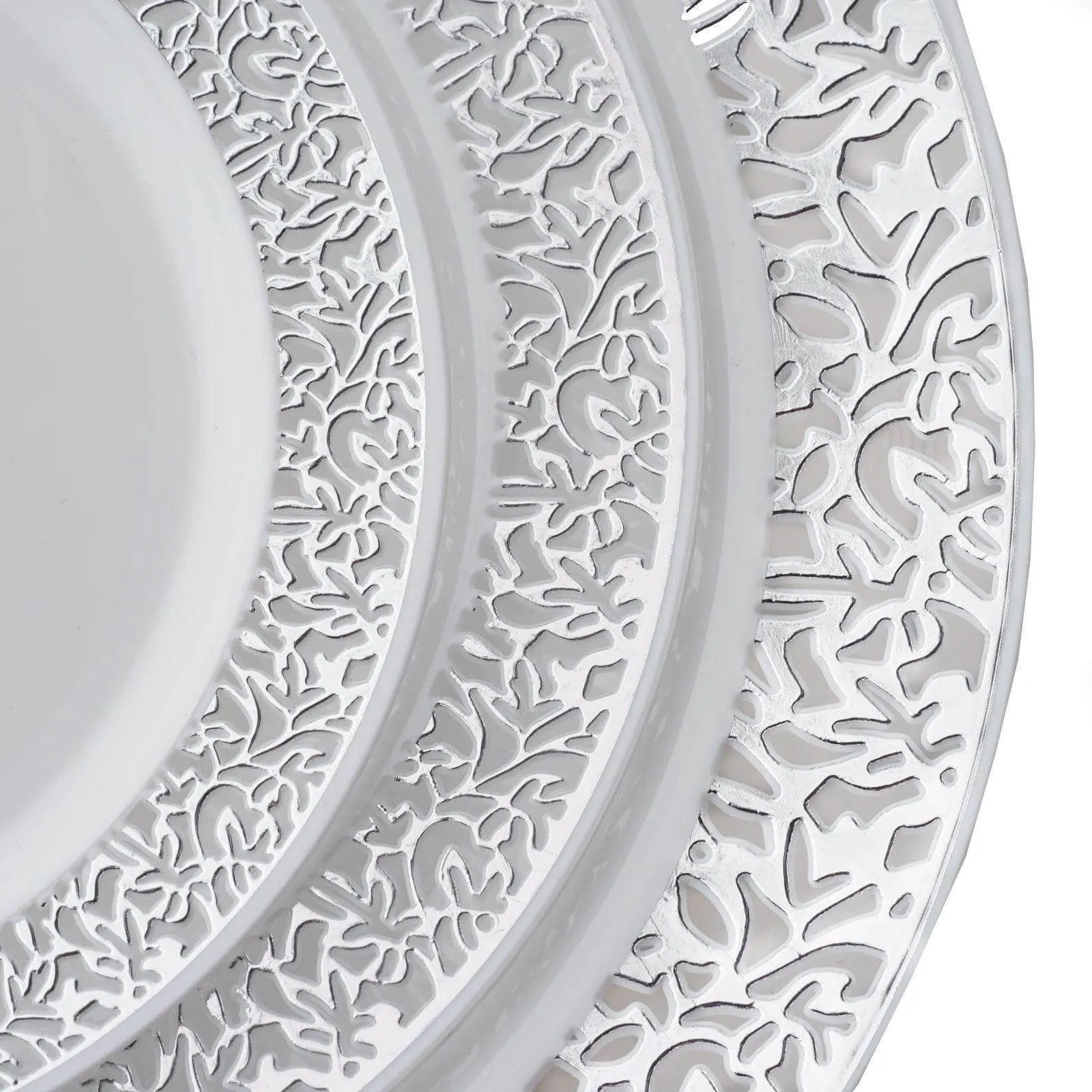 10 Pack 10" Elegant Silver Lace Rim White Disposable Dinner Plates, Fancy Plastic Party Plates