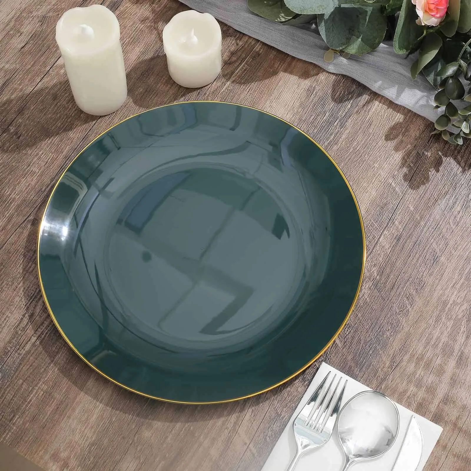 10 Pack 10" Glossy Hunter Emerald Green Round Disposable Dinner Plates With Gold Rim, Plastic Party Plates