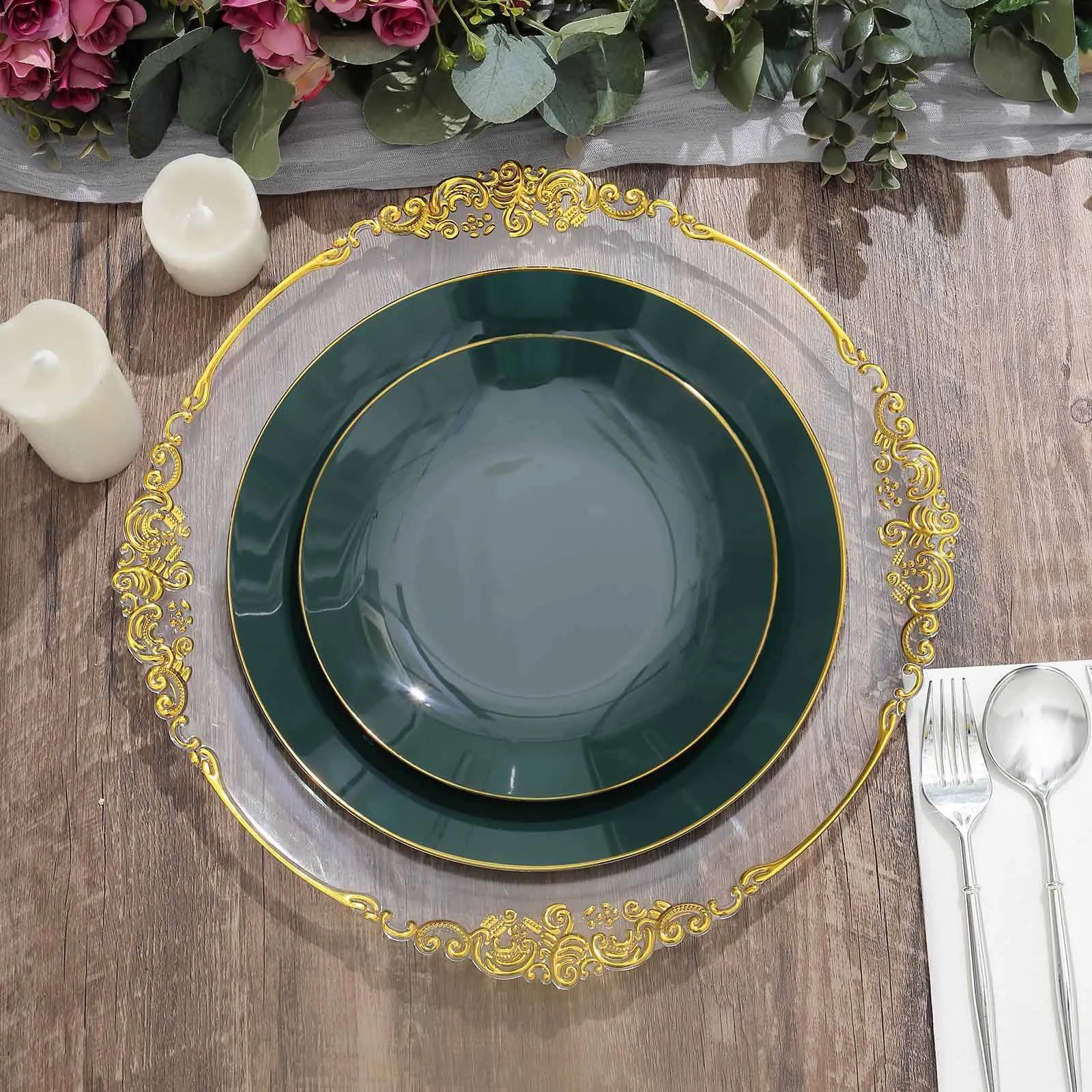 10 Pack 10" Glossy Hunter Emerald Green Round Disposable Dinner Plates With Gold Rim, Plastic Party Plates