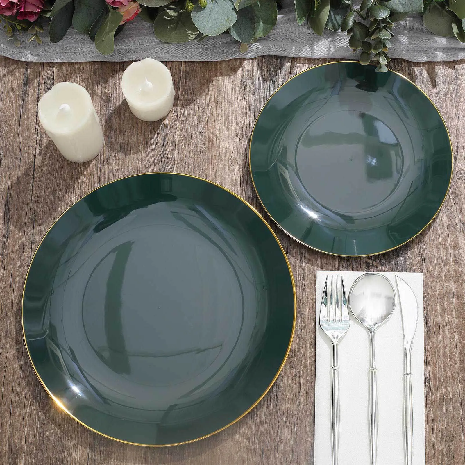 10 Pack 10" Glossy Hunter Emerald Green Round Disposable Dinner Plates With Gold Rim, Plastic Party Plates