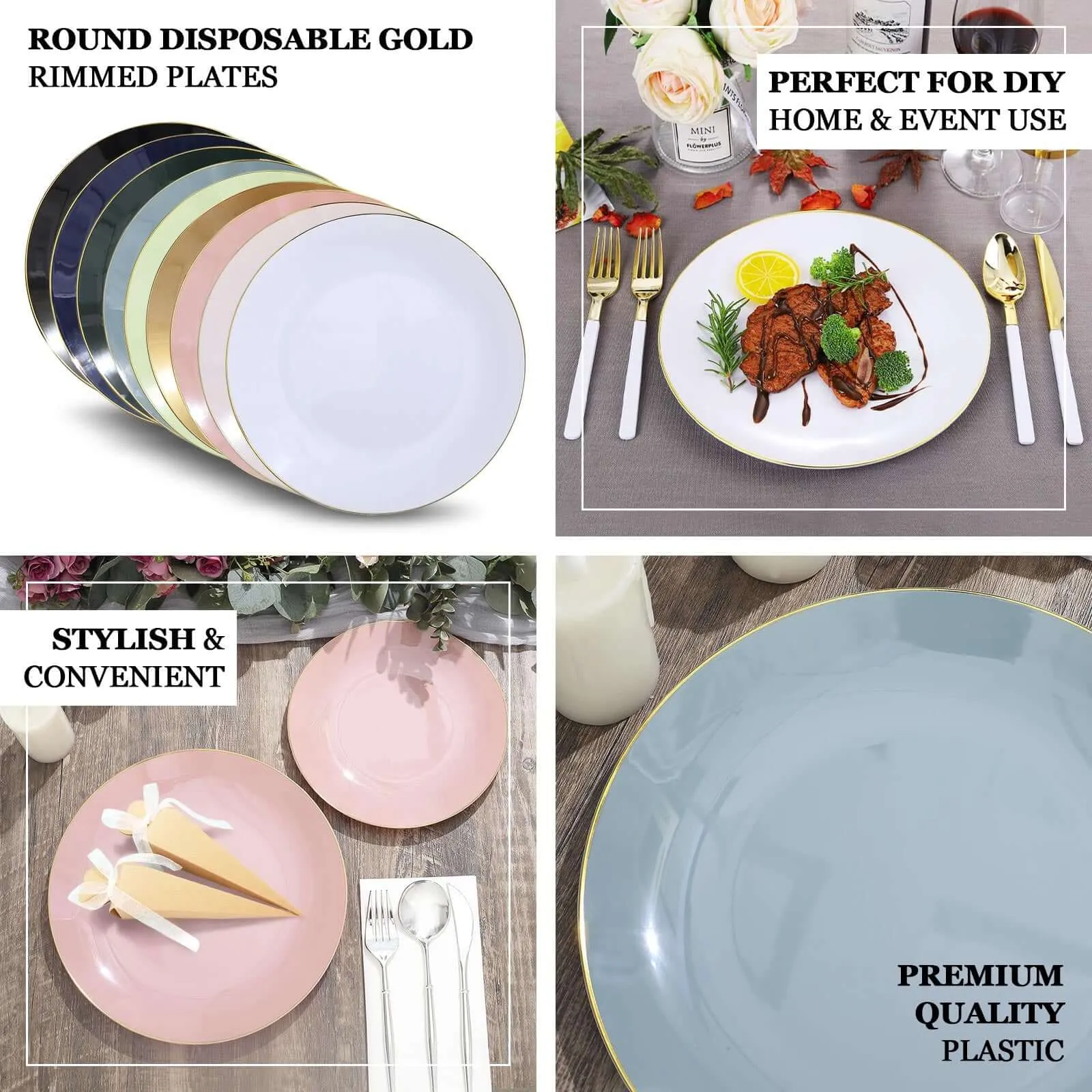 10 Pack 10" Glossy Hunter Emerald Green Round Disposable Dinner Plates With Gold Rim, Plastic Party Plates