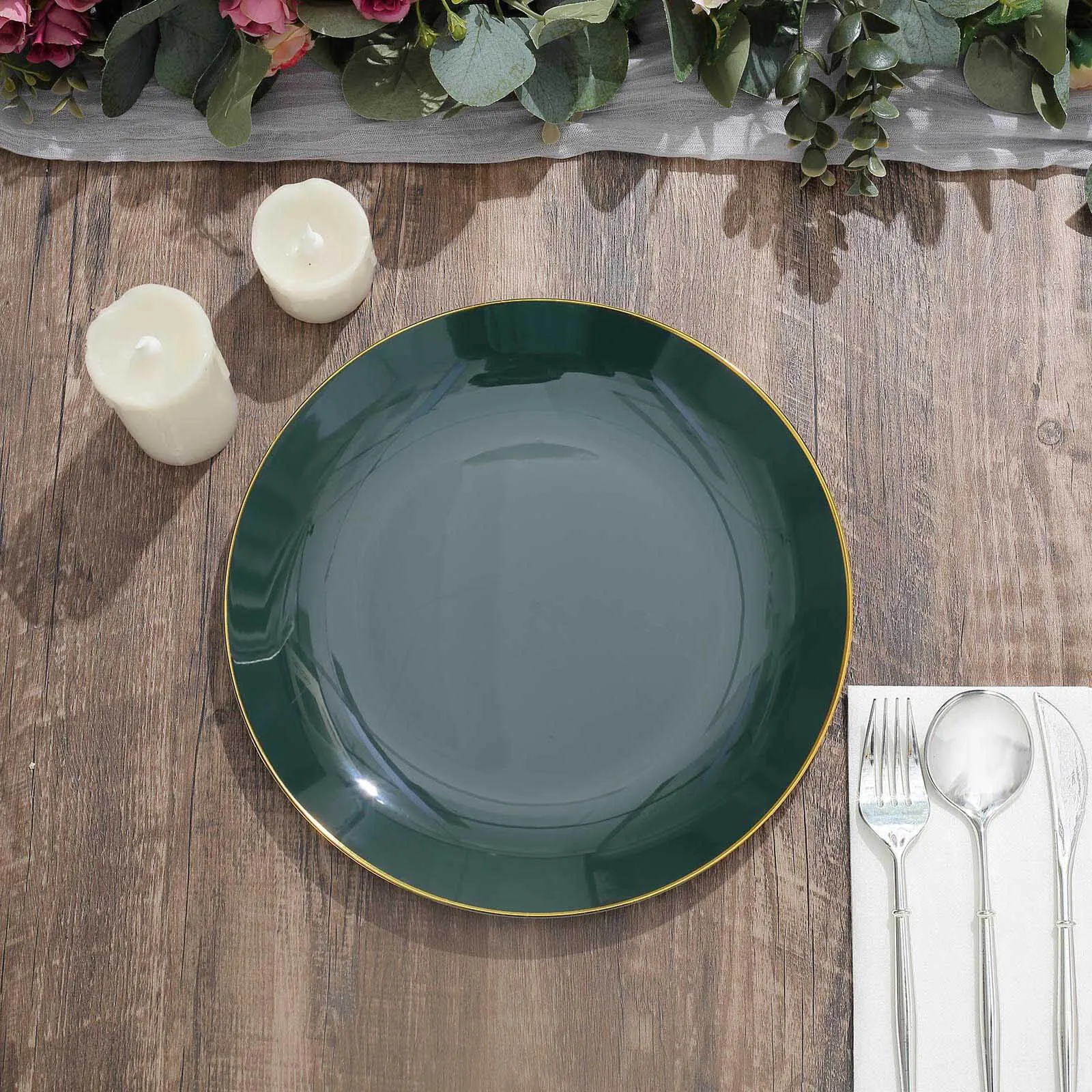 10 Pack 10" Glossy Hunter Emerald Green Round Disposable Dinner Plates With Gold Rim, Plastic Party Plates