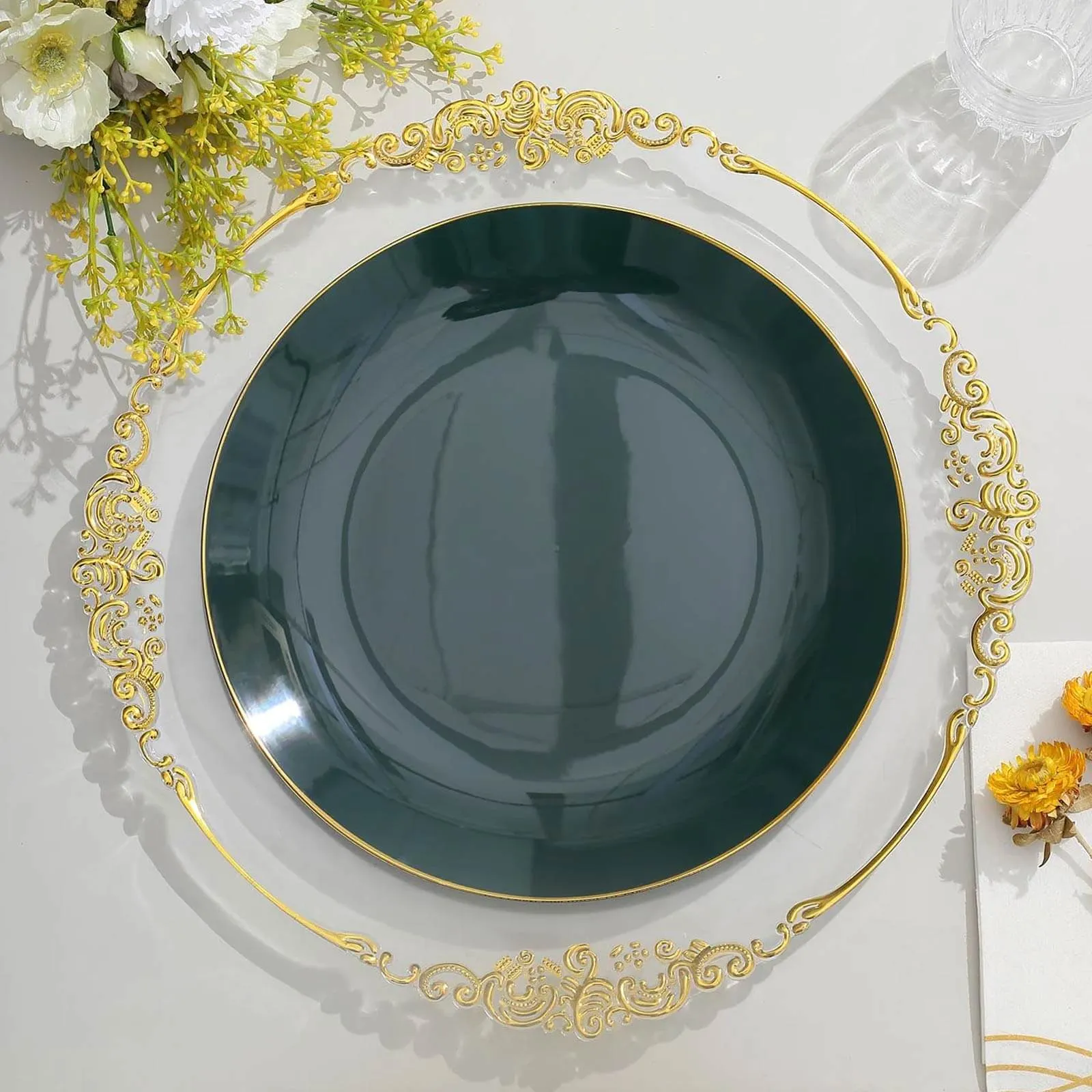 10 Pack 10" Glossy Hunter Emerald Green Round Disposable Dinner Plates With Gold Rim, Plastic Party Plates