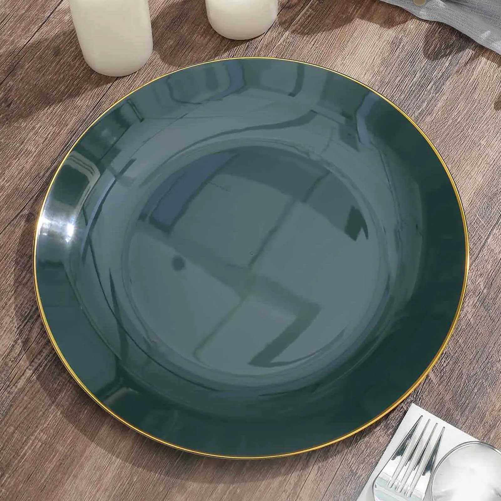 10 Pack 10" Glossy Hunter Emerald Green Round Disposable Dinner Plates With Gold Rim, Plastic Party Plates