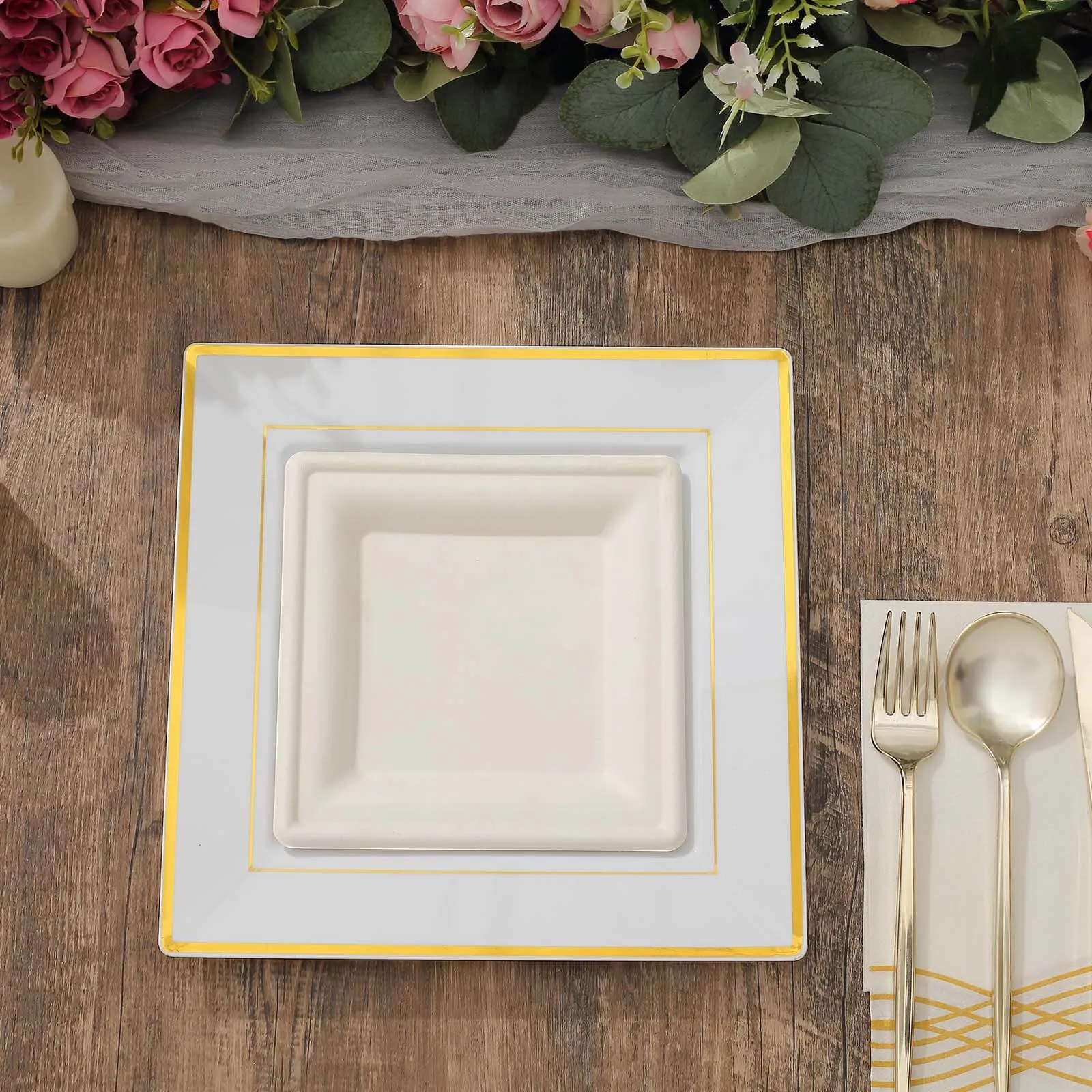 10 Pack 10" Gold Trim White Square Disposable Dinner Plates, Plastic Party Plates