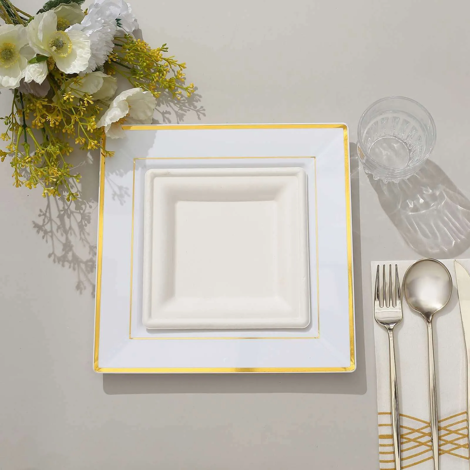 10 Pack 10" Gold Trim White Square Disposable Dinner Plates, Plastic Party Plates