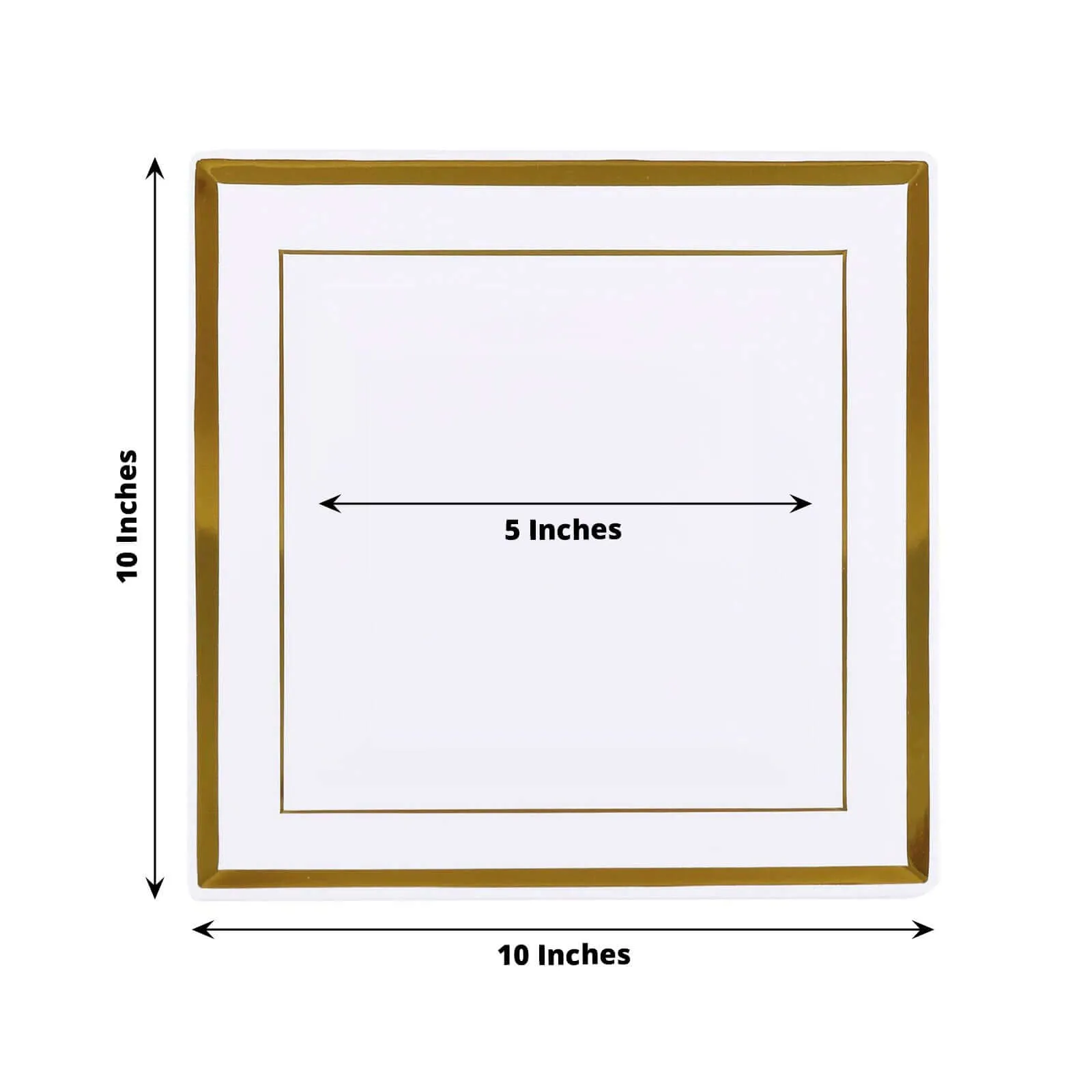 10 Pack 10" Gold Trim White Square Disposable Dinner Plates, Plastic Party Plates