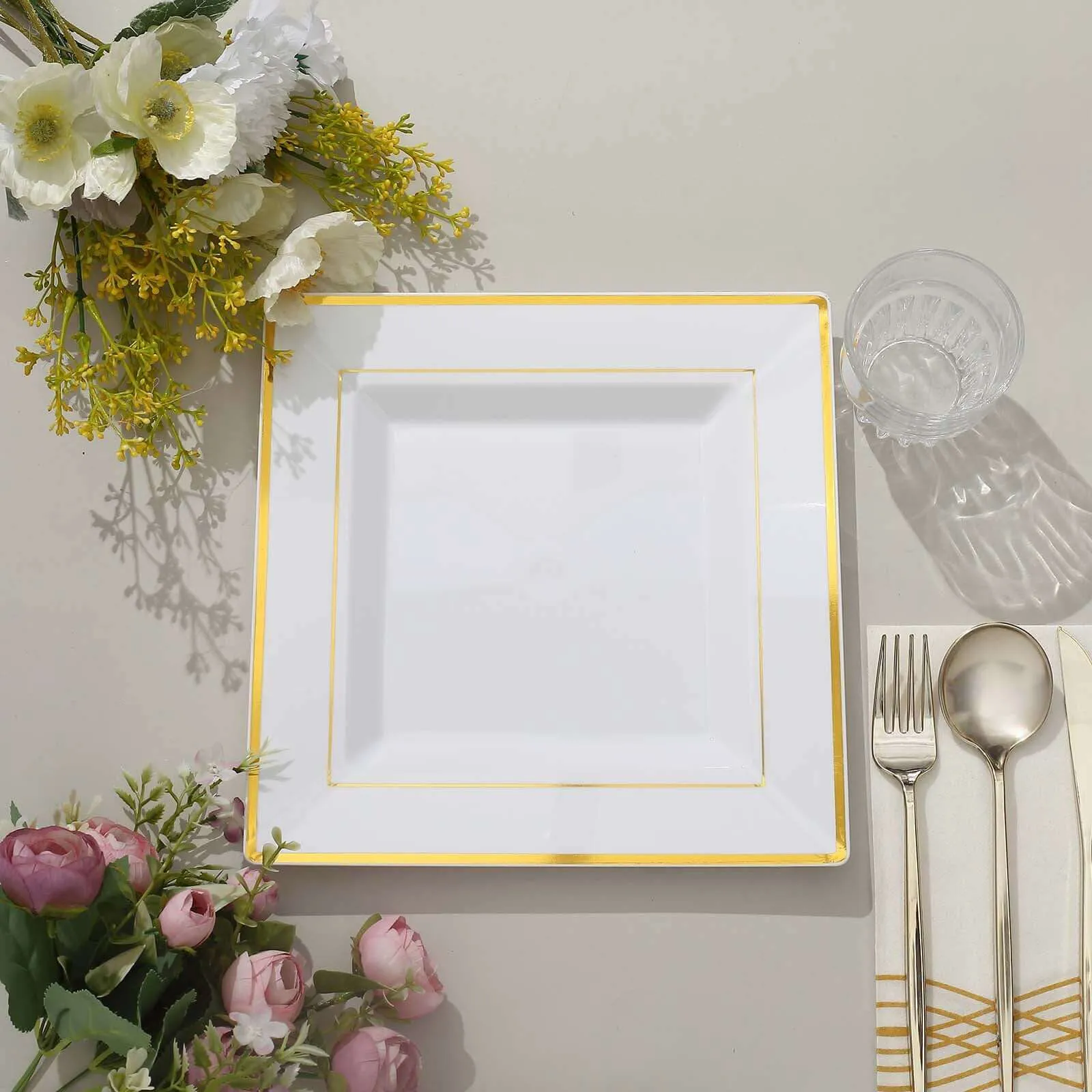 10 Pack 10" Gold Trim White Square Disposable Dinner Plates, Plastic Party Plates