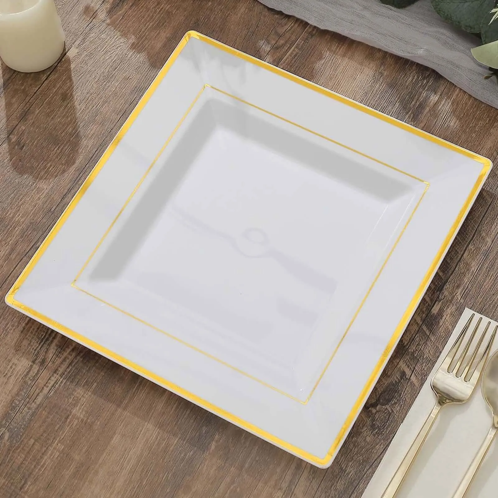 10 Pack 10" Gold Trim White Square Disposable Dinner Plates, Plastic Party Plates