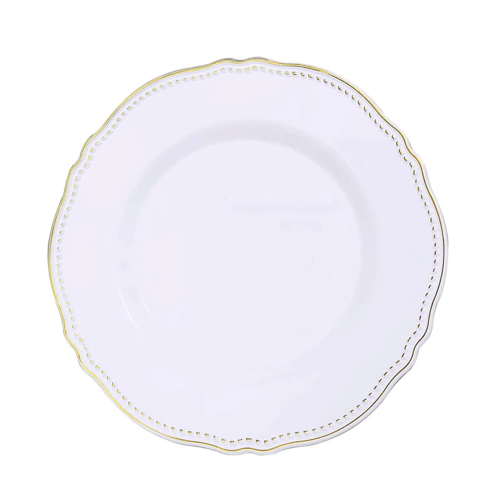 10 Pack 10" White Gold Scalloped Rim Disposable Dinner Plates, Large Plastic Party Plates