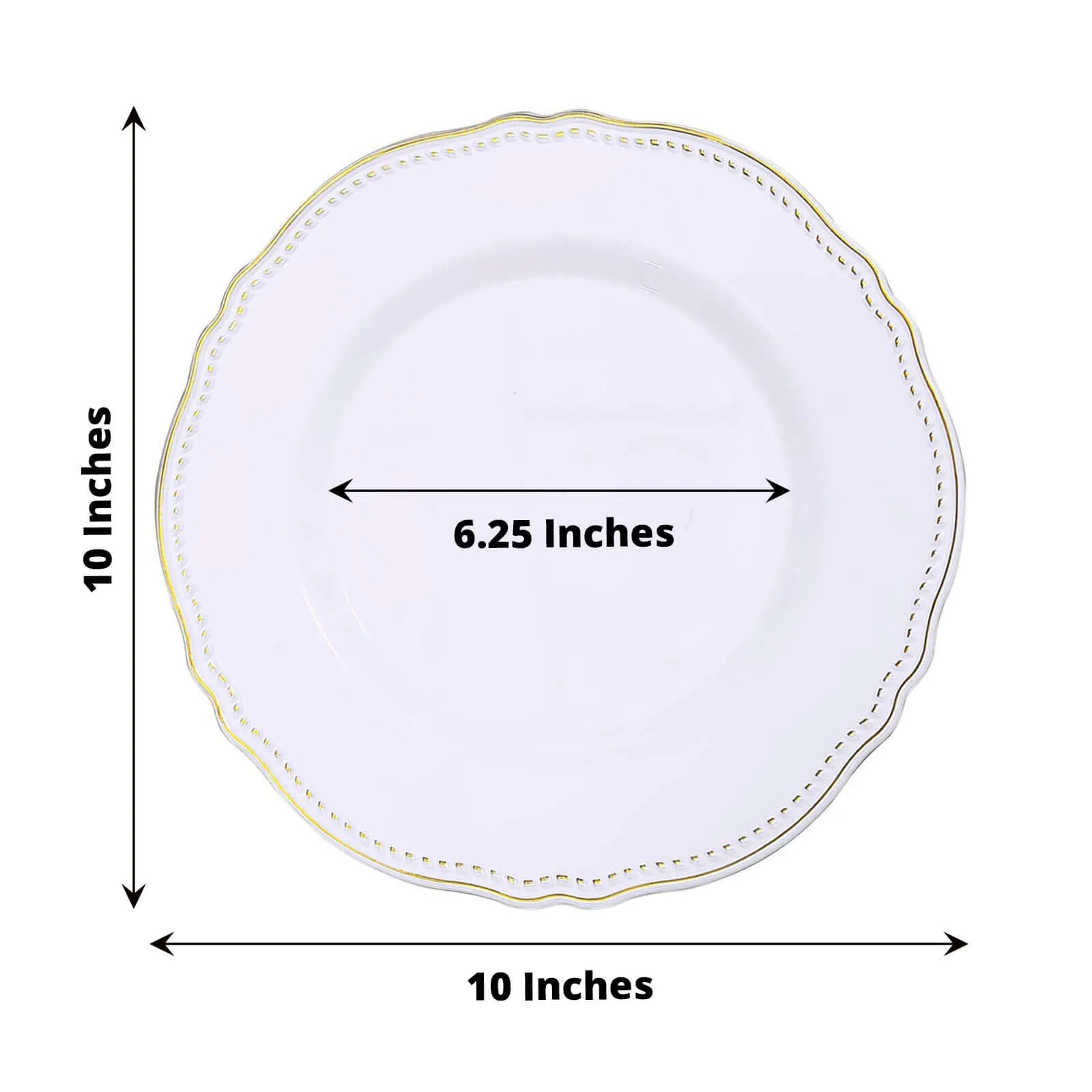 10 Pack 10" White Gold Scalloped Rim Disposable Dinner Plates, Large Plastic Party Plates