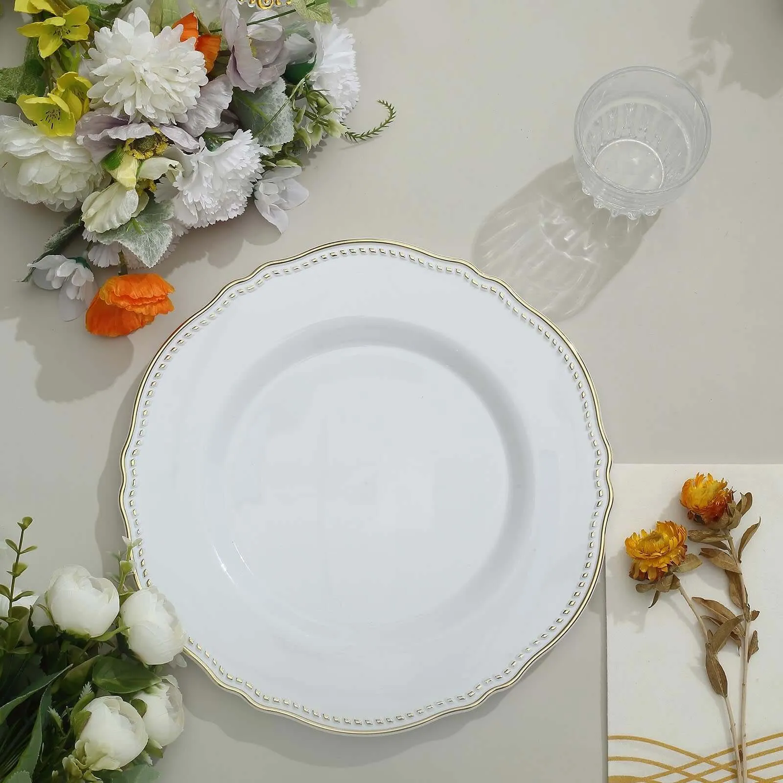 10 Pack 10" White Gold Scalloped Rim Disposable Dinner Plates, Large Plastic Party Plates