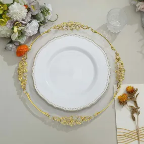 10 Pack 10" White Gold Scalloped Rim Disposable Dinner Plates, Large Plastic Party Plates