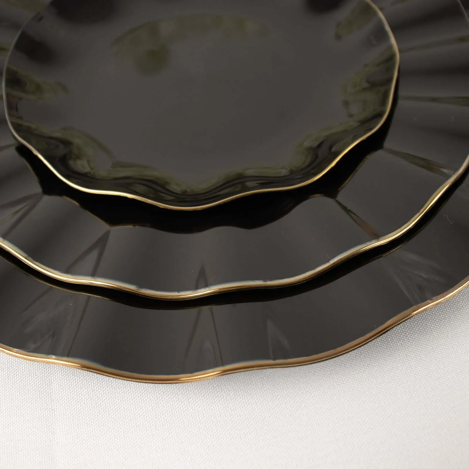 10 Pack 6" Black Heavy Duty Disposable Salad Plates with Gold Ruffled Rim, Heavy Duty Disposable Appetizer Dessert Dinnerware