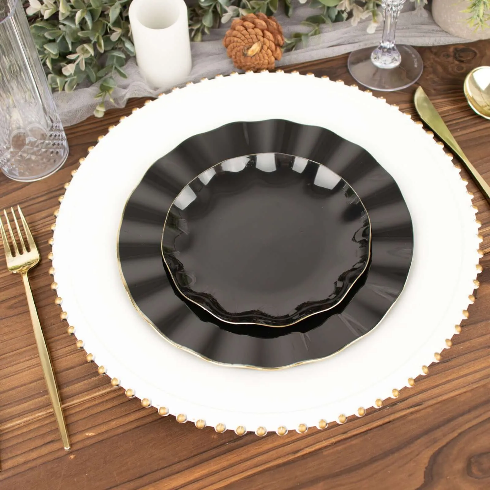 10 Pack 6" Black Heavy Duty Disposable Salad Plates with Gold Ruffled Rim, Heavy Duty Disposable Appetizer Dessert Dinnerware