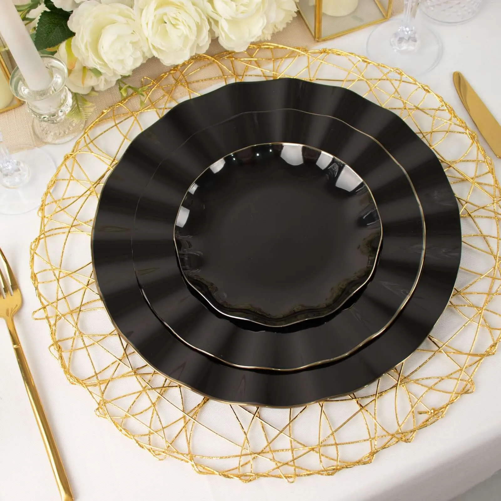 10 Pack 6" Black Heavy Duty Disposable Salad Plates with Gold Ruffled Rim, Heavy Duty Disposable Appetizer Dessert Dinnerware