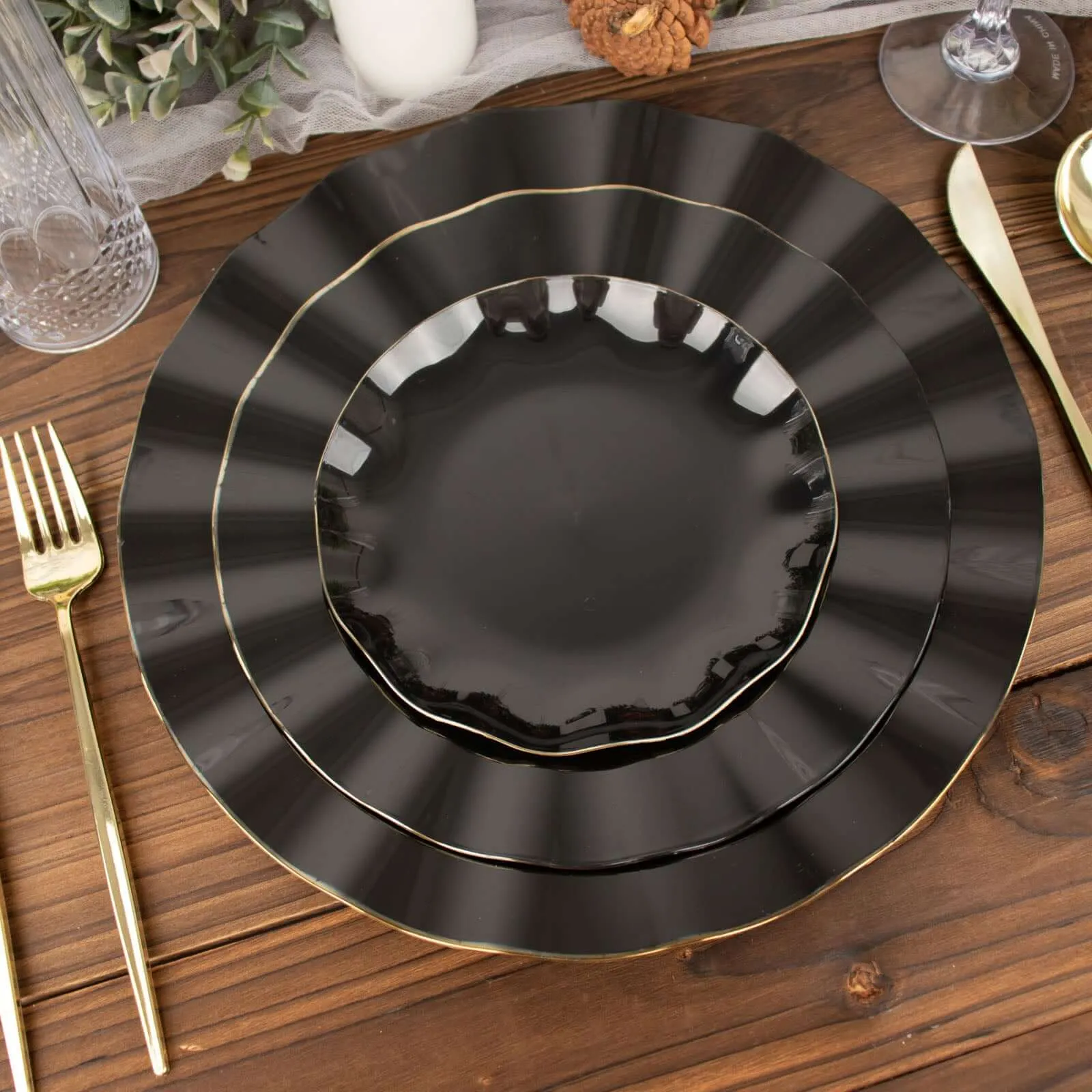 10 Pack 6" Black Heavy Duty Disposable Salad Plates with Gold Ruffled Rim, Heavy Duty Disposable Appetizer Dessert Dinnerware