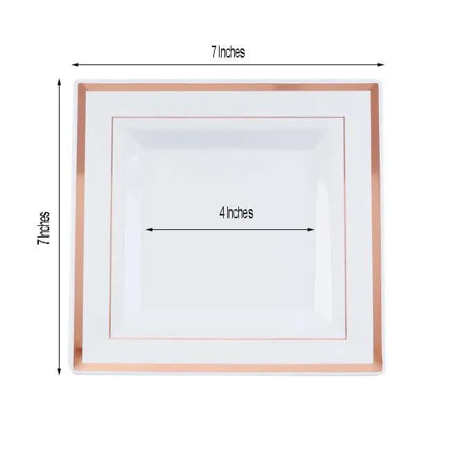 10 Pack 7" Rose Gold Trim White Plastic Square Dessert Plates, Disposable Appetizer Salad Plates