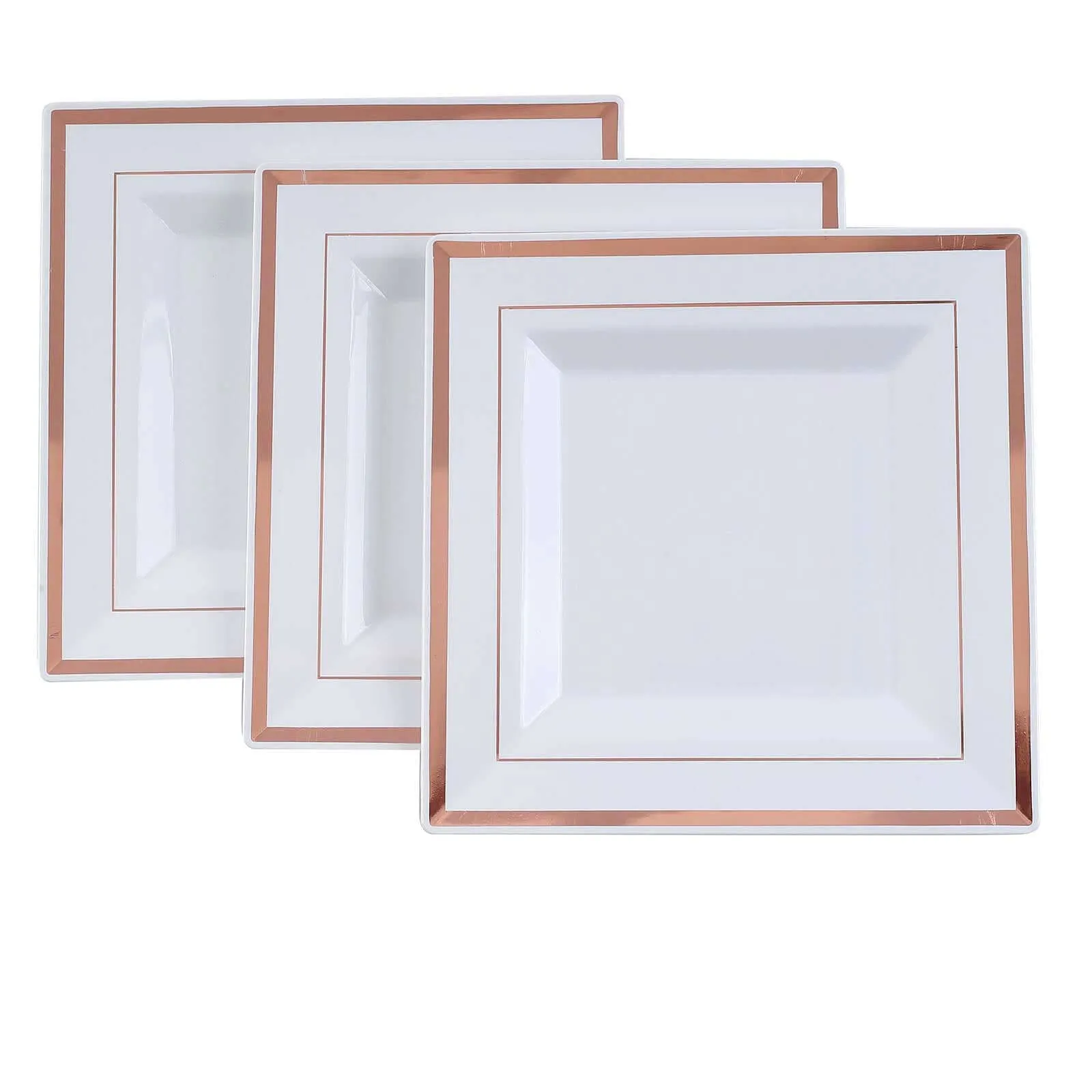 10 Pack 7" Rose Gold Trim White Plastic Square Dessert Plates, Disposable Appetizer Salad Plates