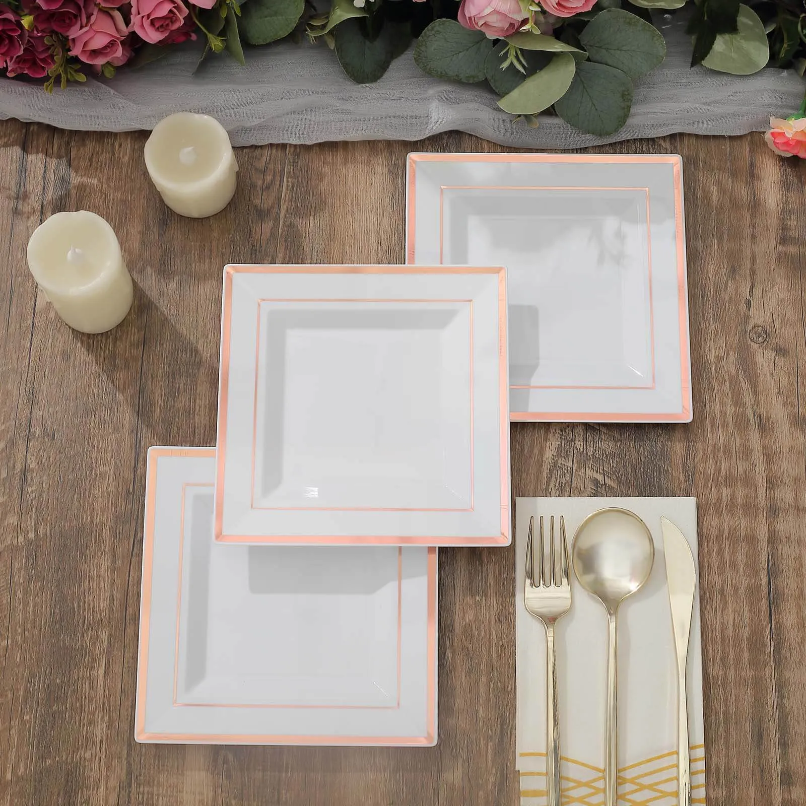 10 Pack 7" Rose Gold Trim White Plastic Square Dessert Plates, Disposable Appetizer Salad Plates