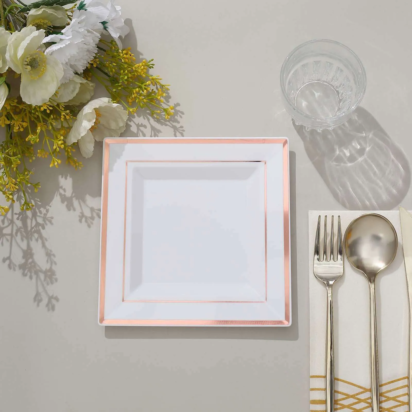 10 Pack 7" Rose Gold Trim White Plastic Square Dessert Plates, Disposable Appetizer Salad Plates