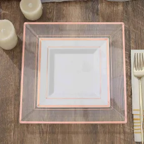 10 Pack 7" Rose Gold Trim White Plastic Square Dessert Plates, Disposable Appetizer Salad Plates