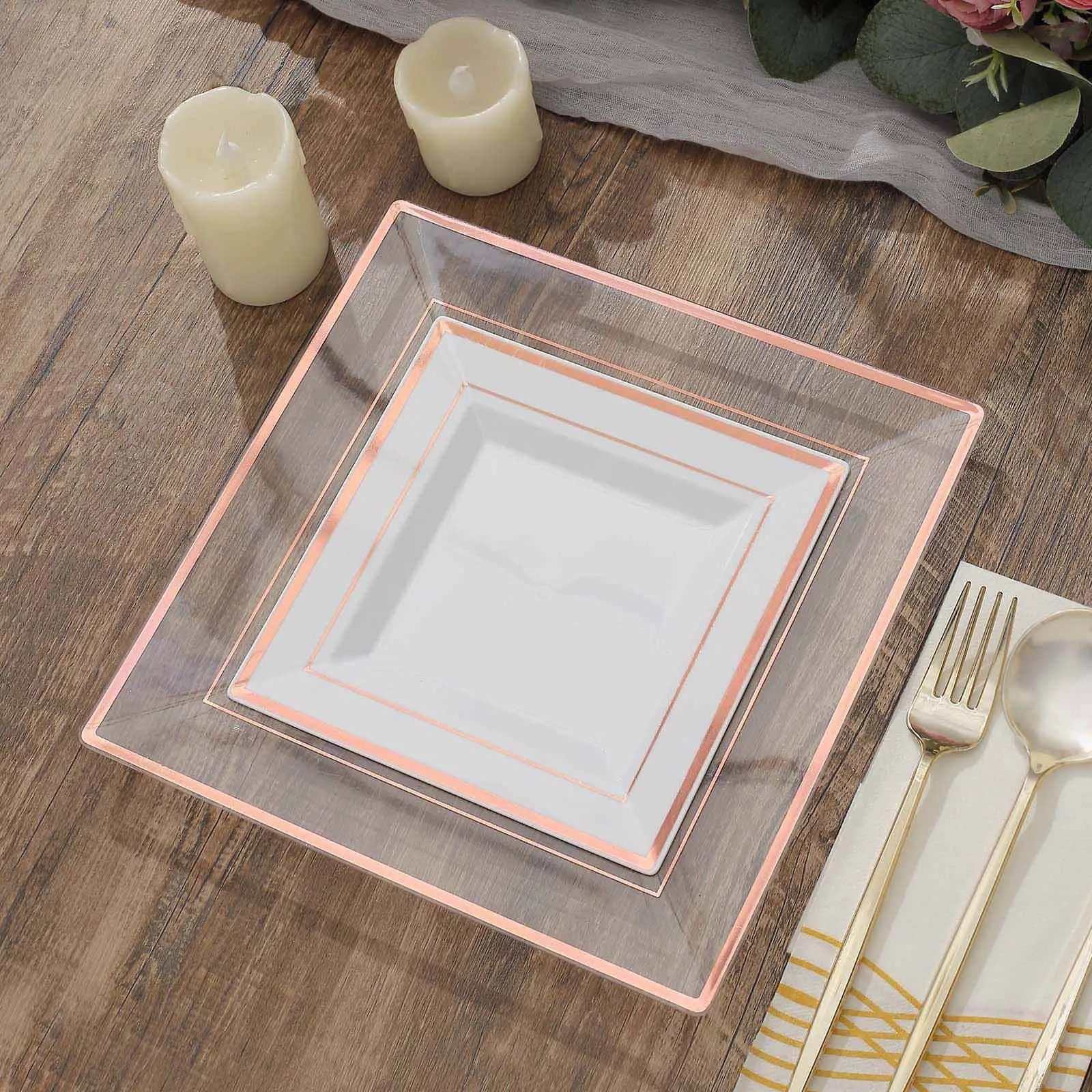 10 Pack 7" Rose Gold Trim White Plastic Square Dessert Plates, Disposable Appetizer Salad Plates