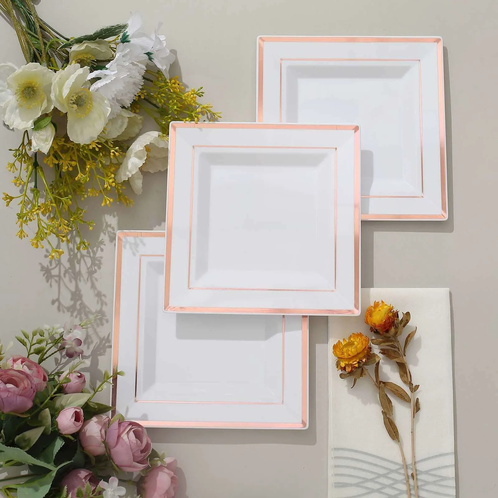 10 Pack 7" Rose Gold Trim White Plastic Square Dessert Plates, Disposable Appetizer Salad Plates