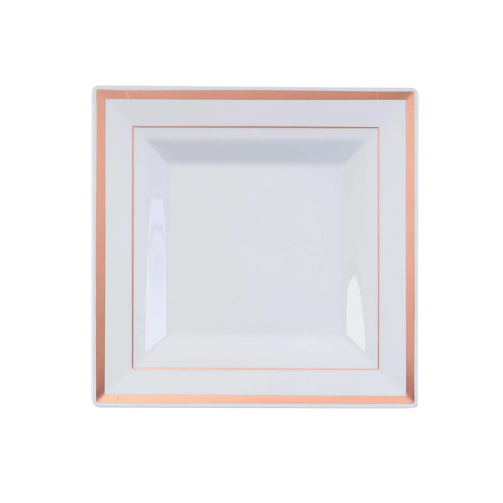 10 Pack 7" Rose Gold Trim White Plastic Square Dessert Plates, Disposable Appetizer Salad Plates