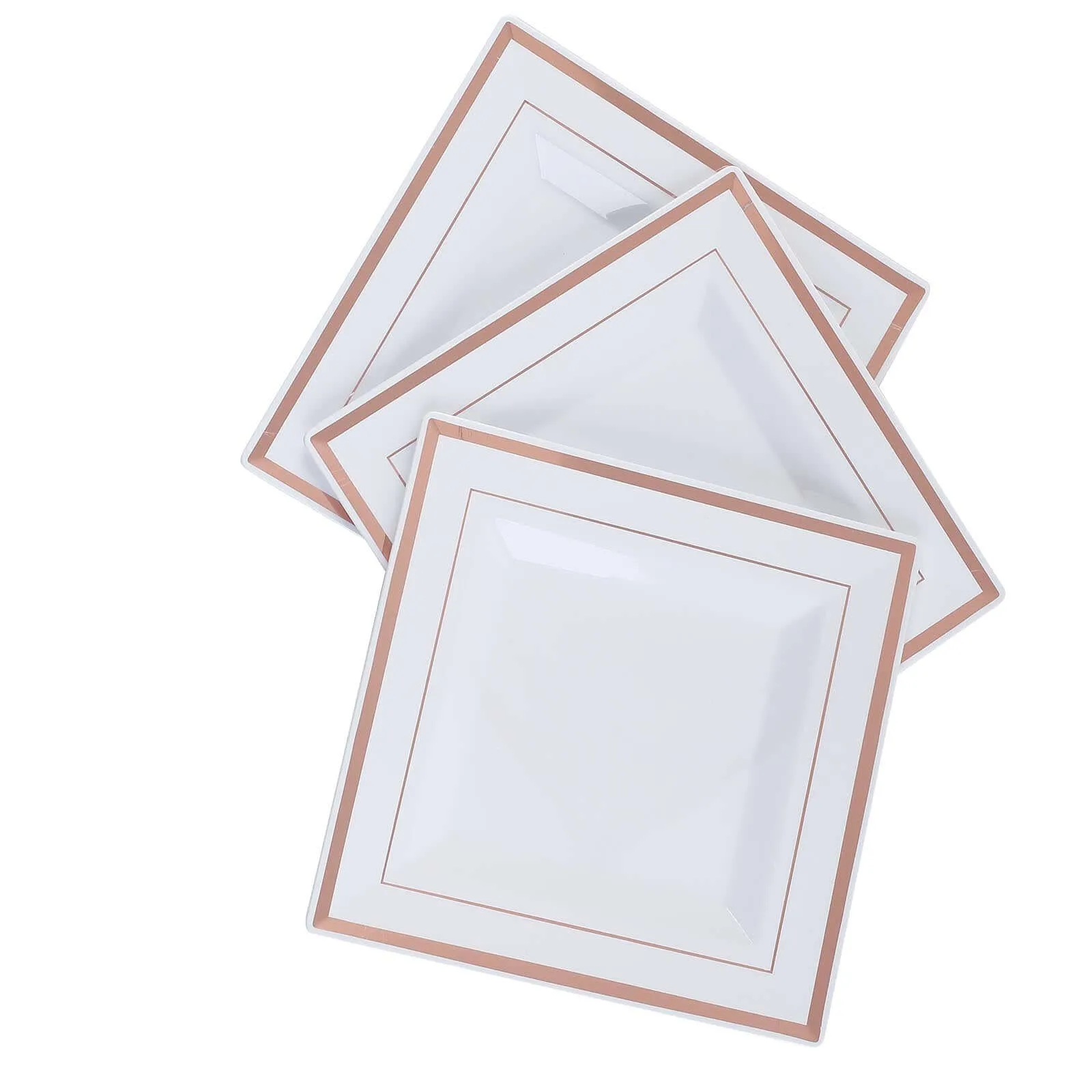 10 Pack 7" Rose Gold Trim White Plastic Square Dessert Plates, Disposable Appetizer Salad Plates