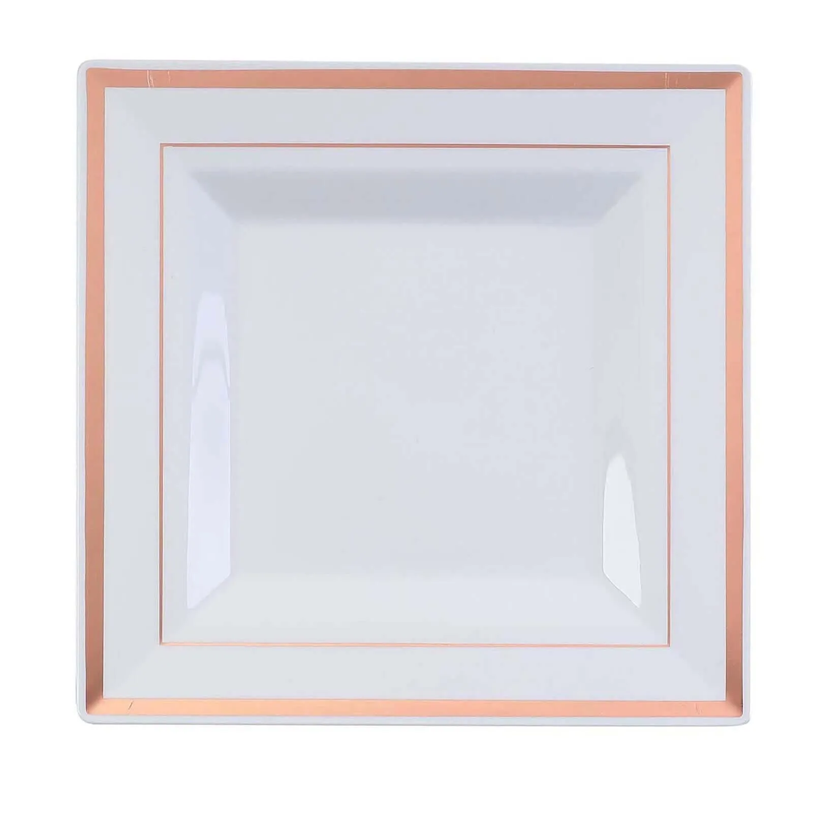 10 Pack 7" Rose Gold Trim White Plastic Square Dessert Plates, Disposable Appetizer Salad Plates