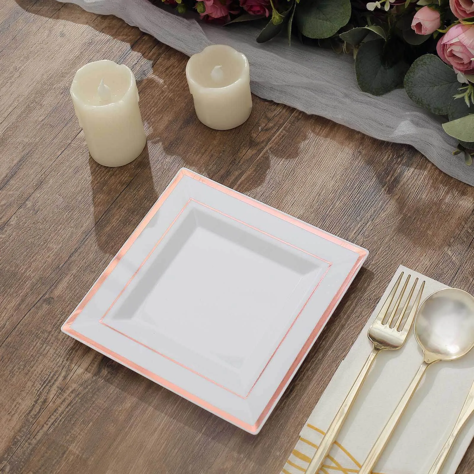 10 Pack 7" Rose Gold Trim White Plastic Square Dessert Plates, Disposable Appetizer Salad Plates