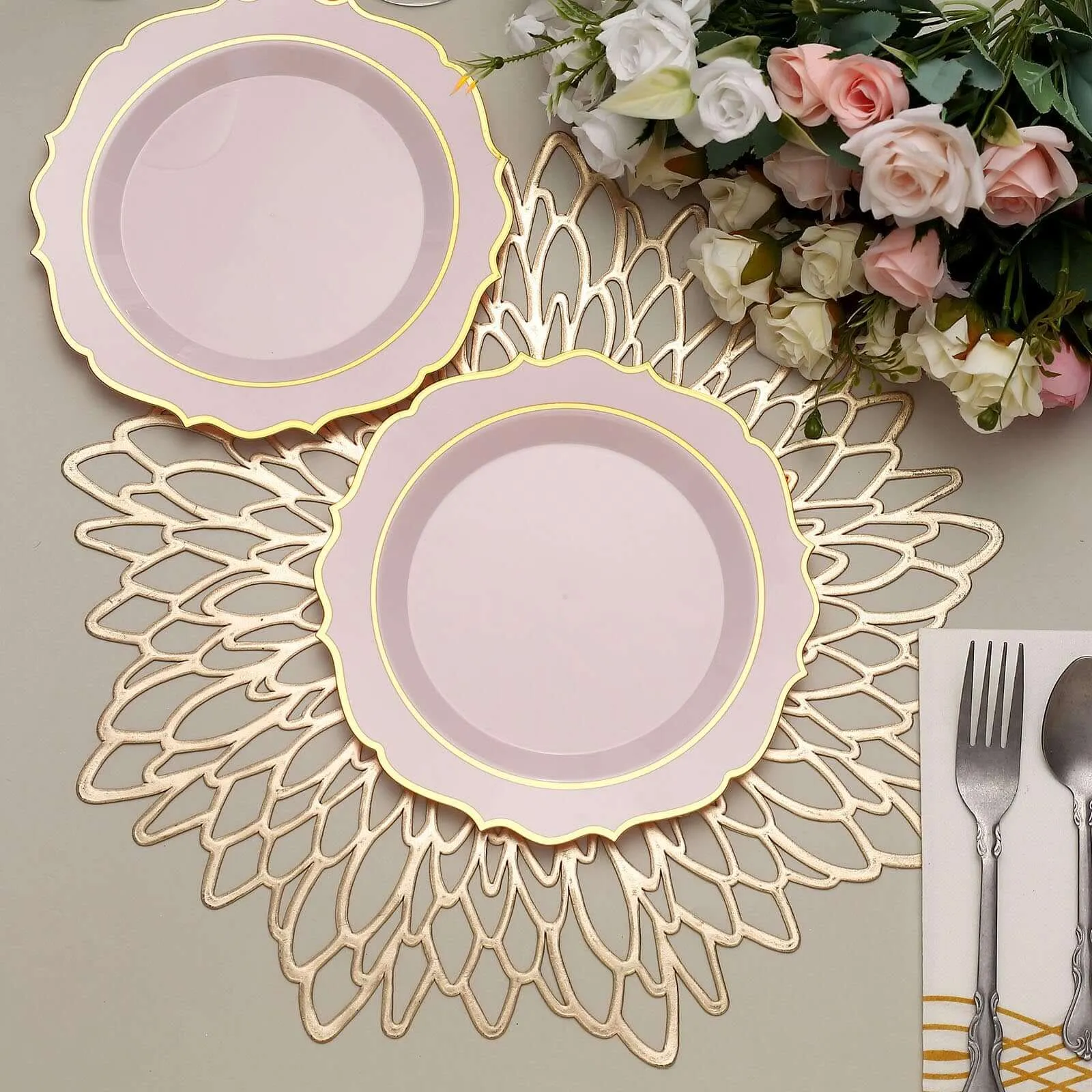 10 Pack 8" Blush Plastic Dessert Salad Plates, Disposable Tableware Round With Gold Scalloped Rim