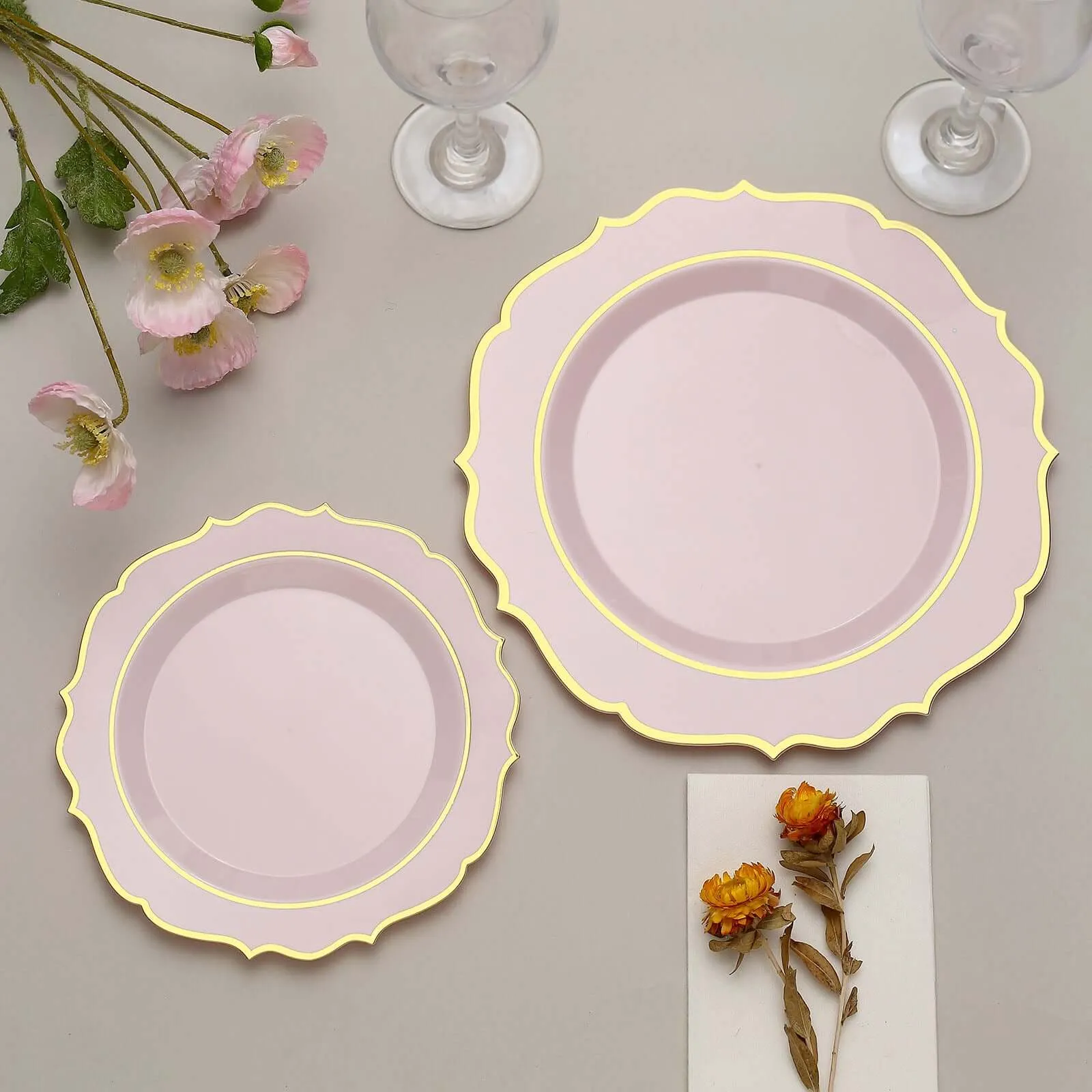 10 Pack 8" Blush Plastic Dessert Salad Plates, Disposable Tableware Round With Gold Scalloped Rim