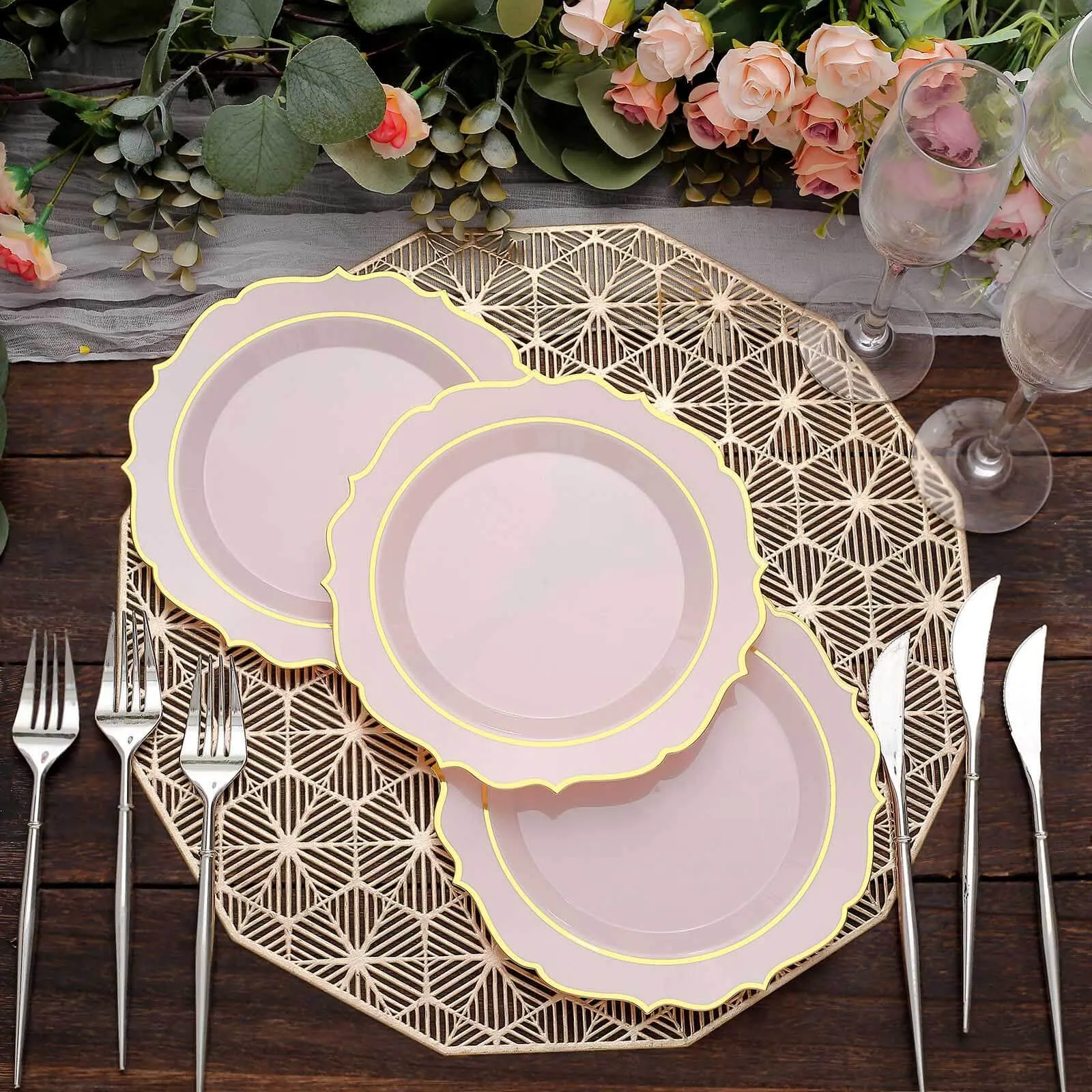 10 Pack 8" Blush Plastic Dessert Salad Plates, Disposable Tableware Round With Gold Scalloped Rim