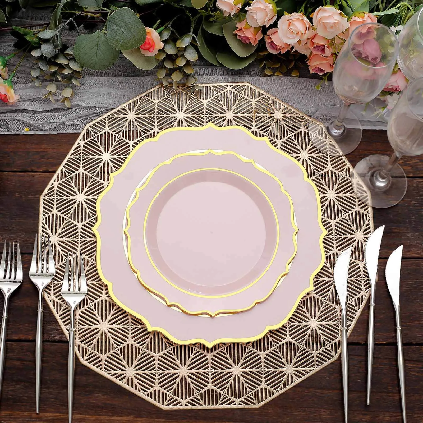 10 Pack 8" Blush Plastic Dessert Salad Plates, Disposable Tableware Round With Gold Scalloped Rim