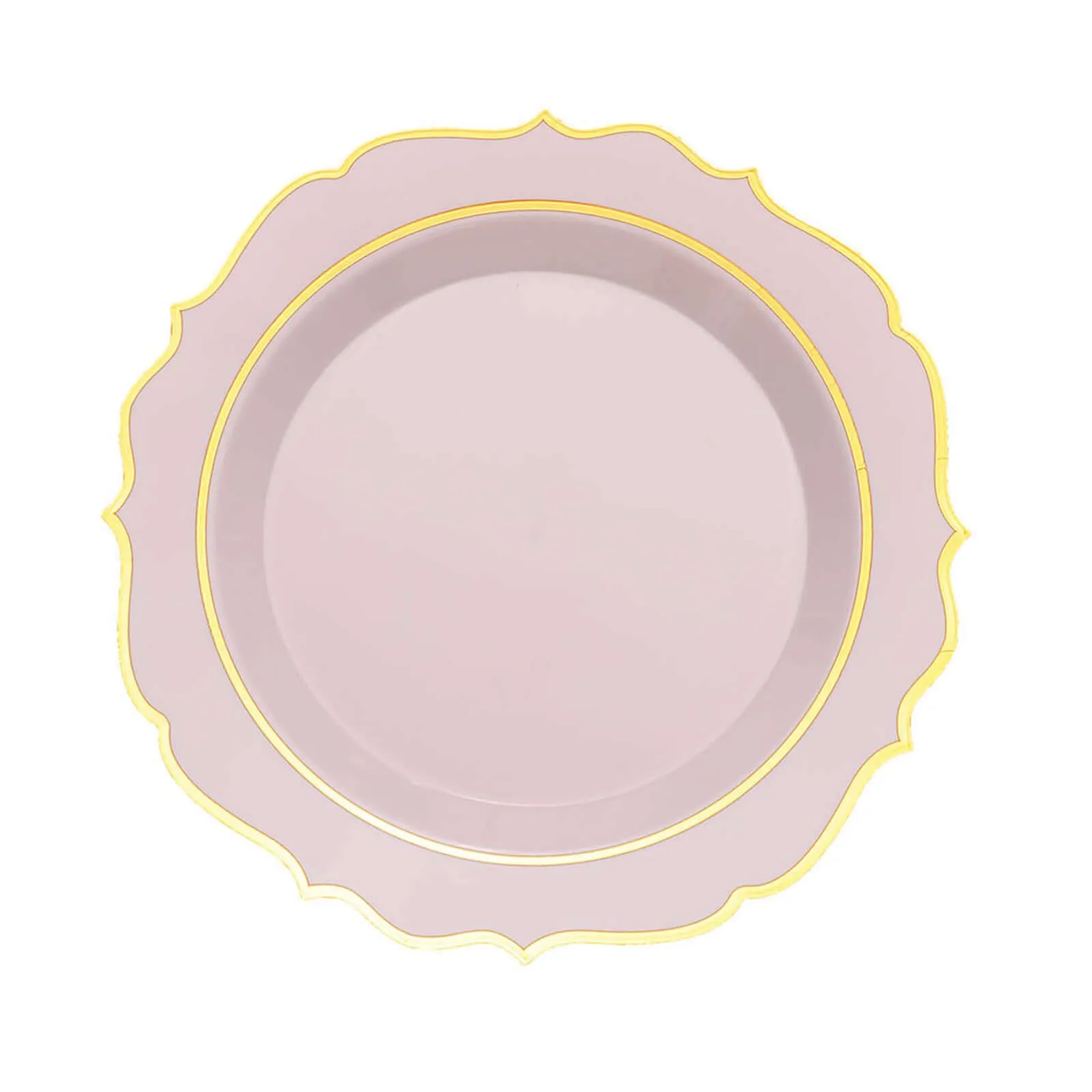 10 Pack 8" Blush Plastic Dessert Salad Plates, Disposable Tableware Round With Gold Scalloped Rim