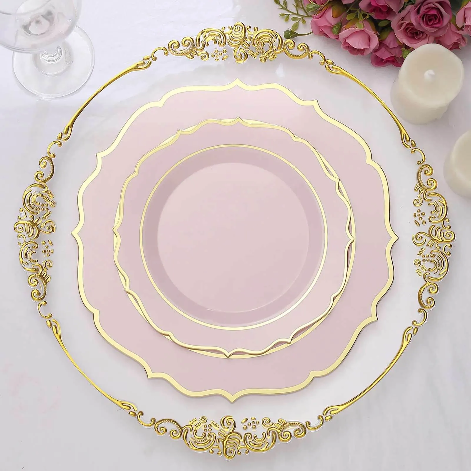 10 Pack 8" Blush Plastic Dessert Salad Plates, Disposable Tableware Round With Gold Scalloped Rim